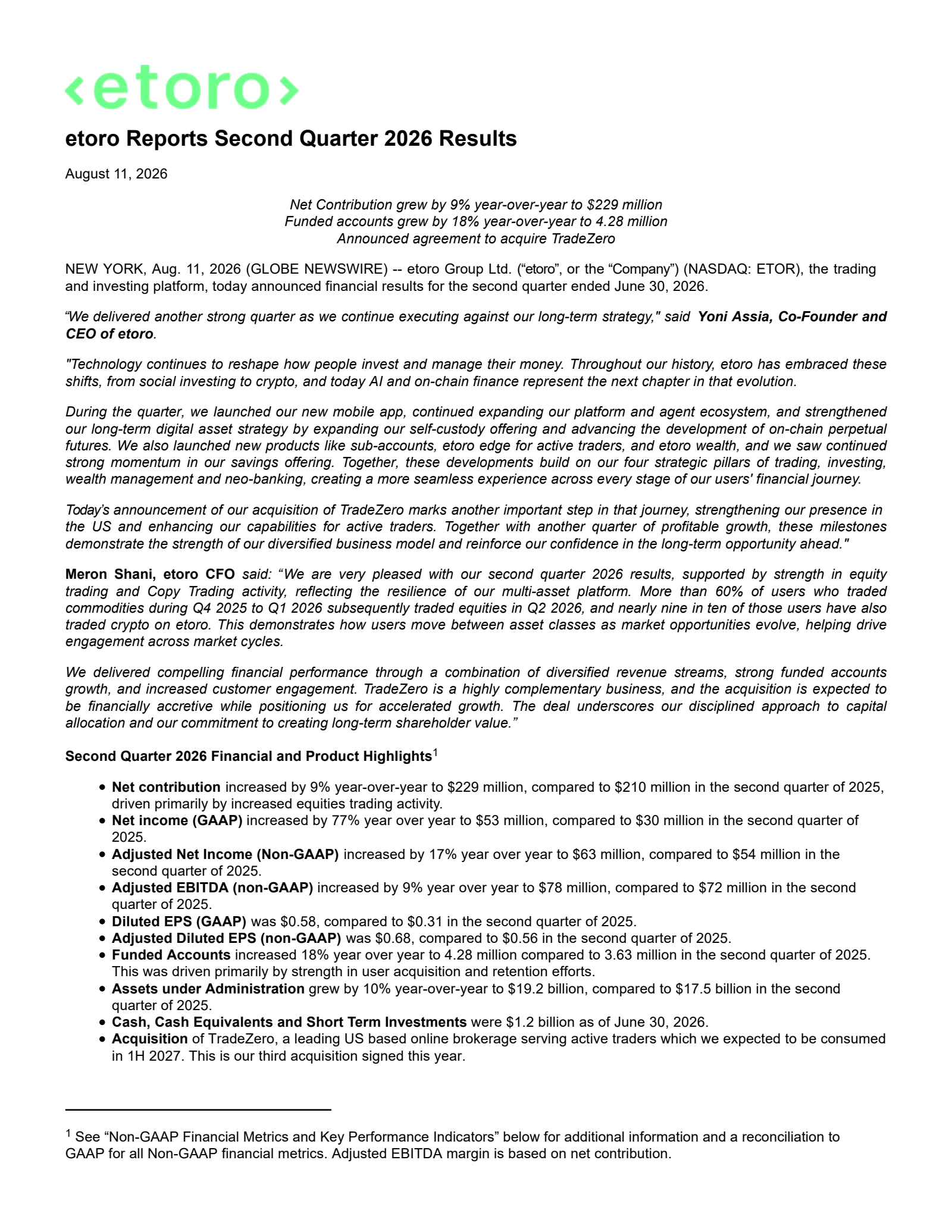eToro Group's Q2 2026 Press Release