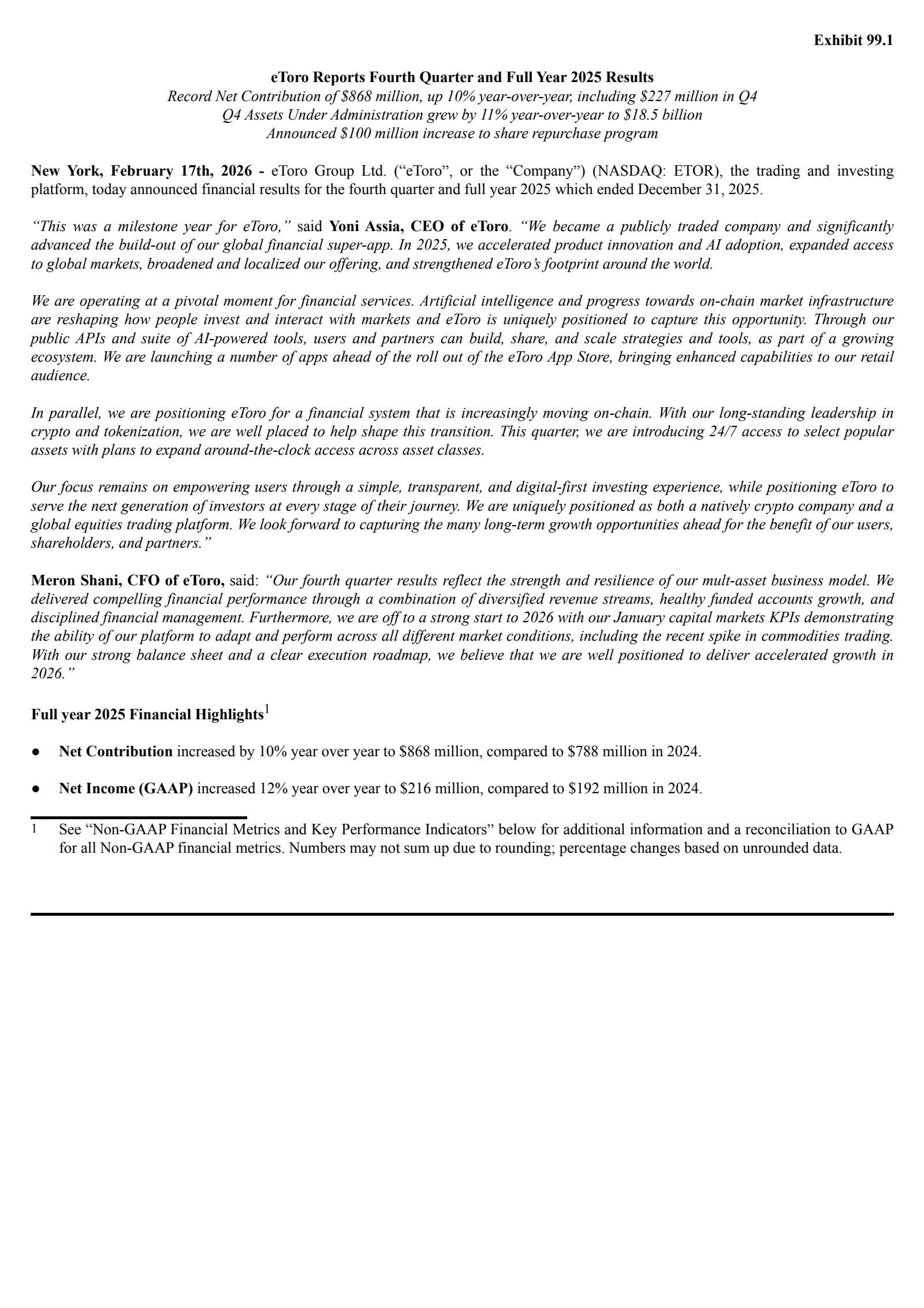 eToro Group's Q4 2025 Press Release