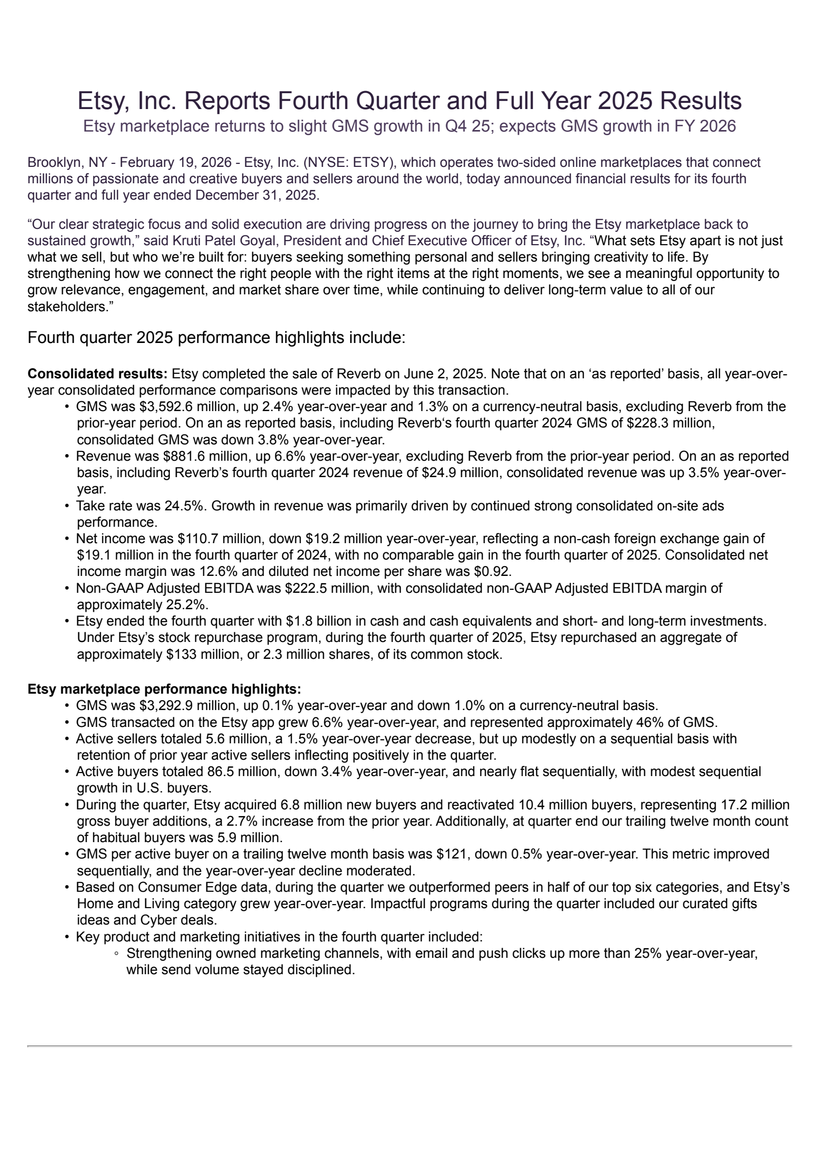 Etsy's Q4 2025 Press Release