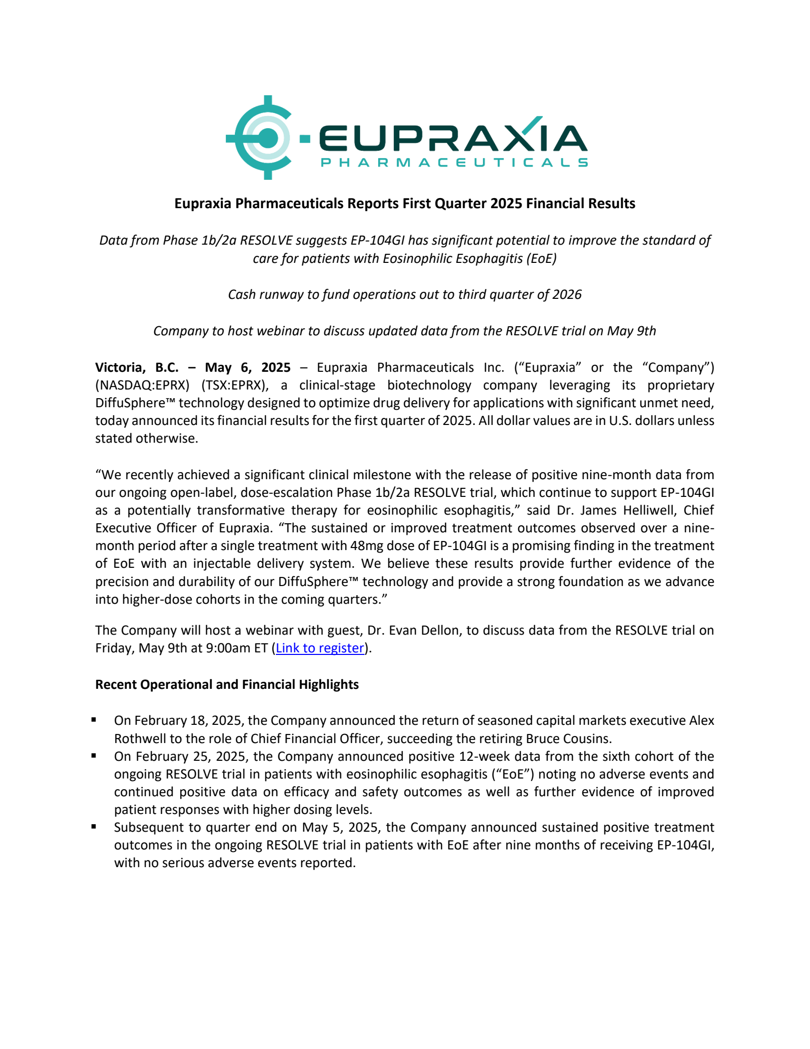 Eupraxia Pharmaceuticals' Q1 2025 Press Release