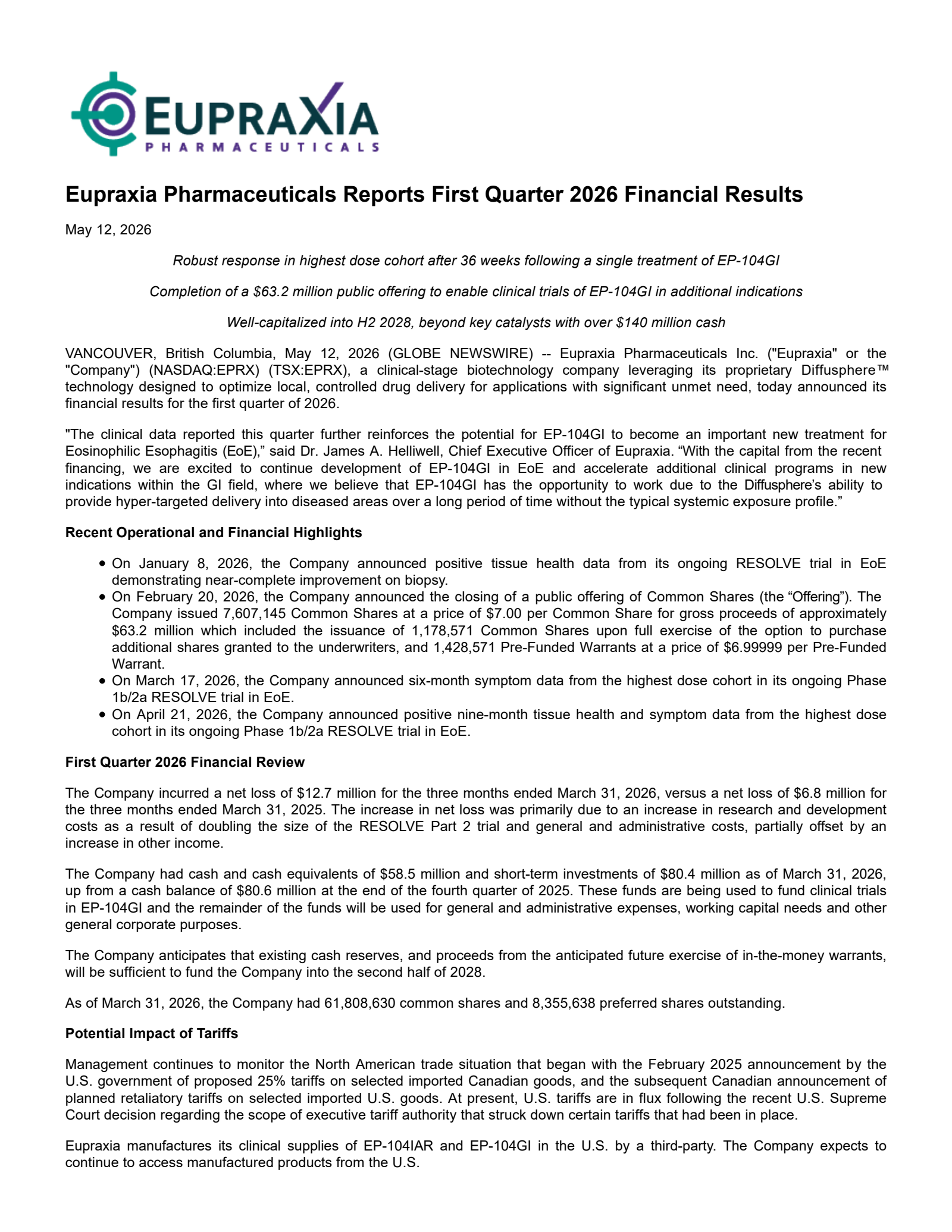 Eupraxia Pharmaceuticals' Q1 2026 Press Release