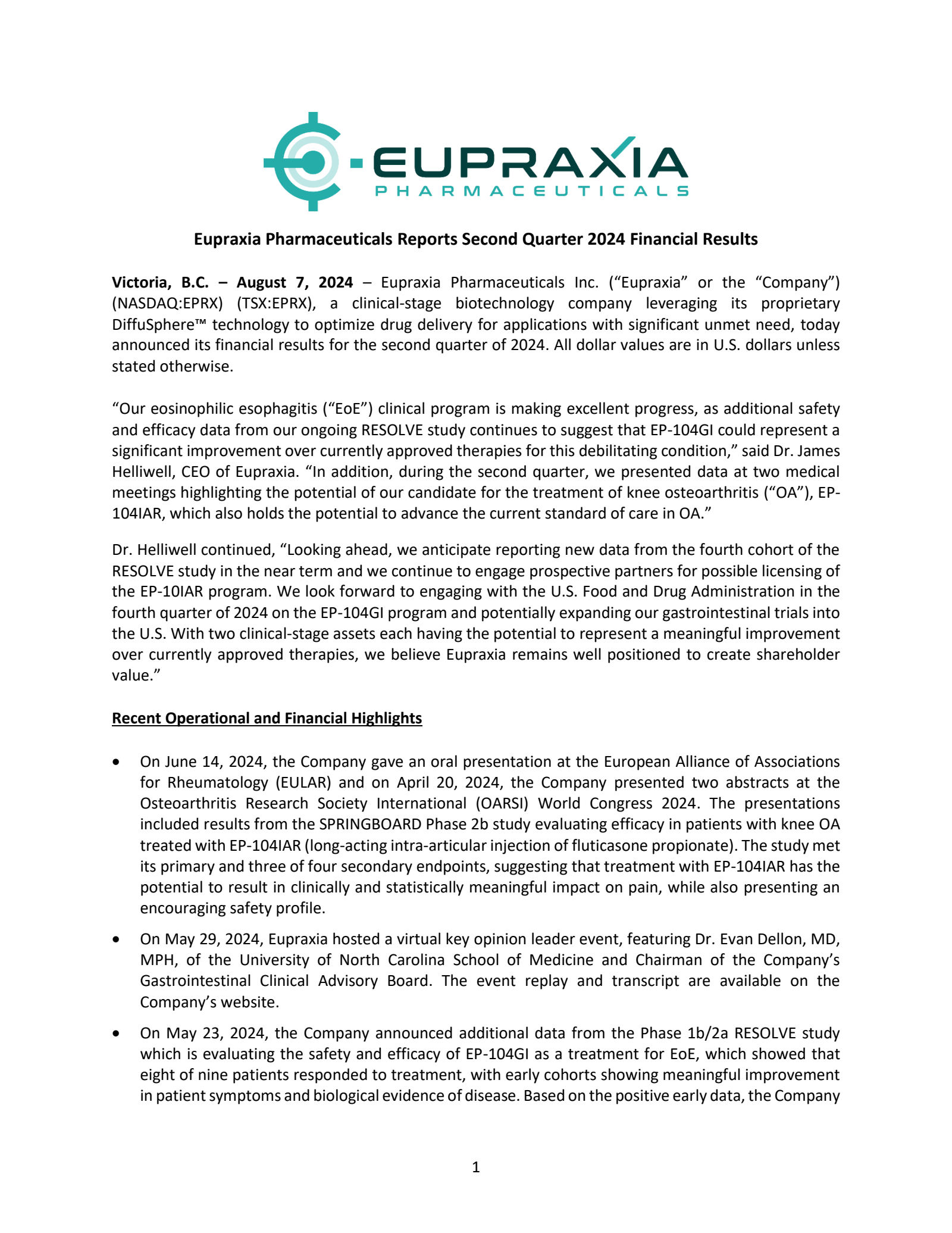 Eupraxia Pharmaceuticals' Q2 2024 Press Release