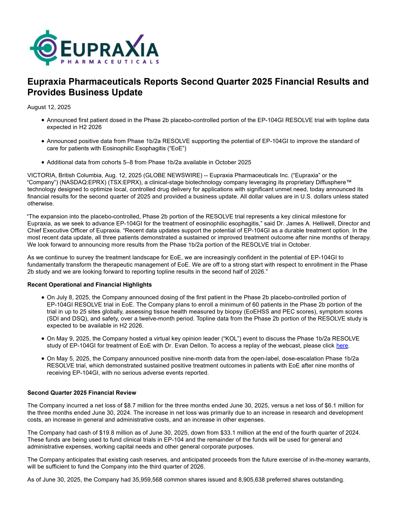 Eupraxia Pharmaceuticals' Q2 2025 Press Release