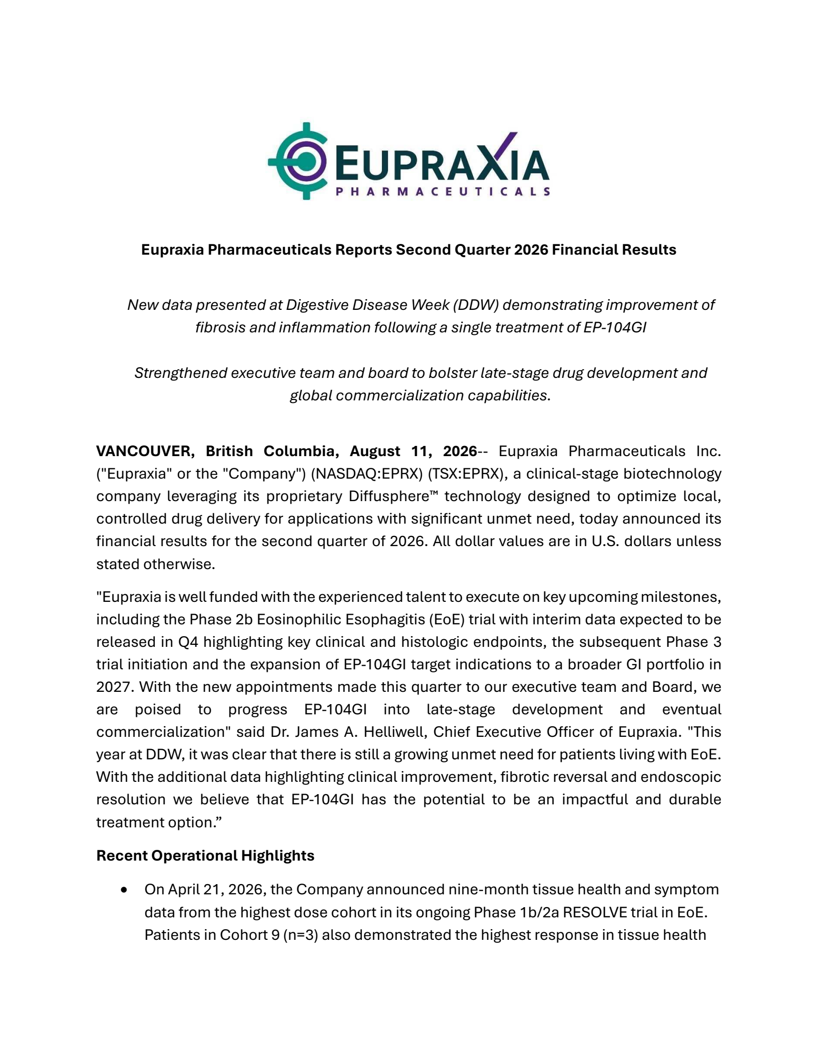 Eupraxia Pharmaceuticals' Q2 2026 Press Release