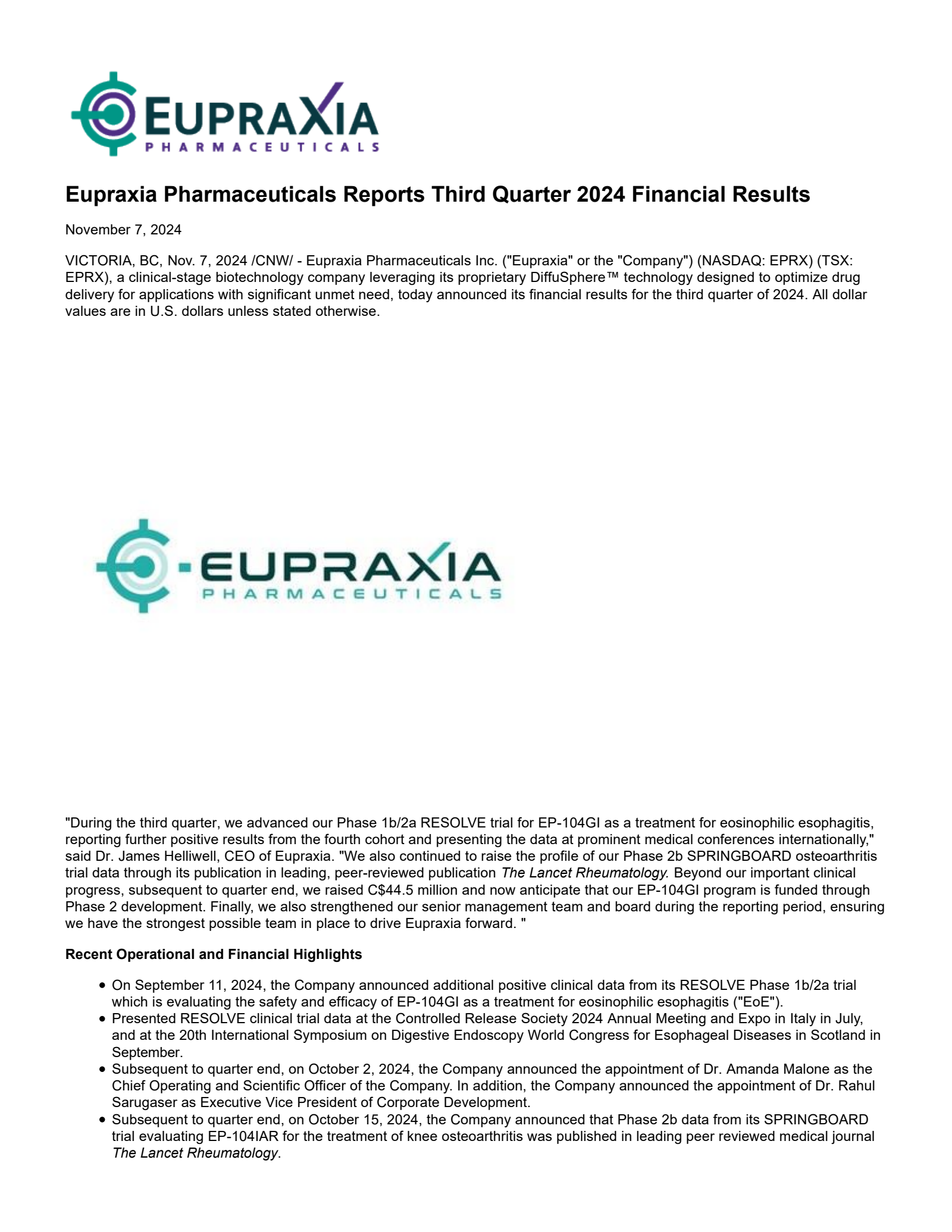 Eupraxia Pharmaceuticals' Q3 2024 Press Release