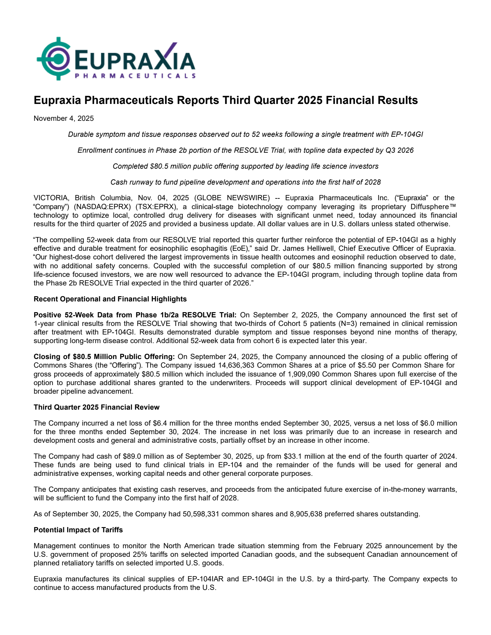 Eupraxia Pharmaceuticals' Q3 2025 Press Release