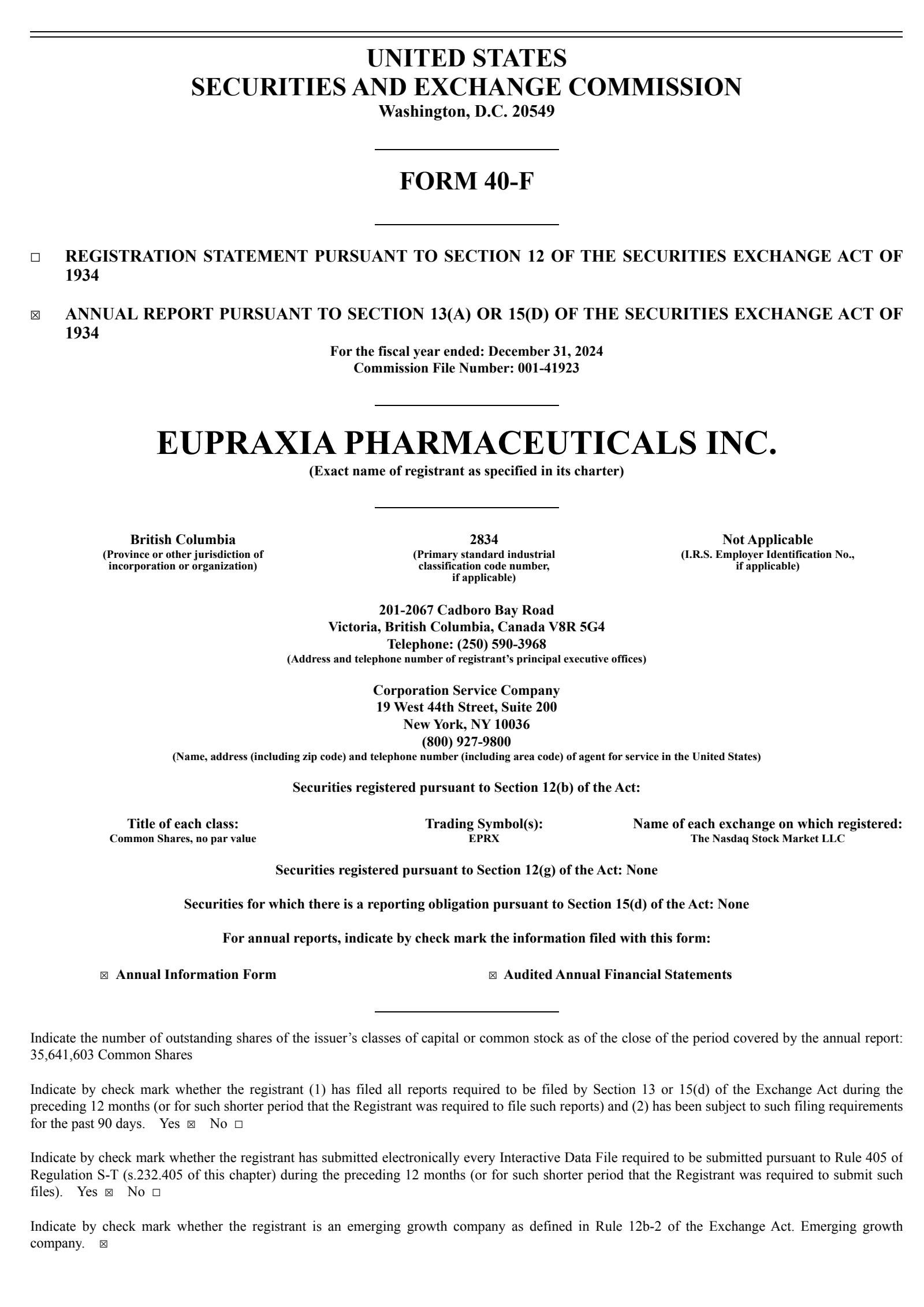 Eupraxia Pharmaceuticals' Q4 2024 Annual report