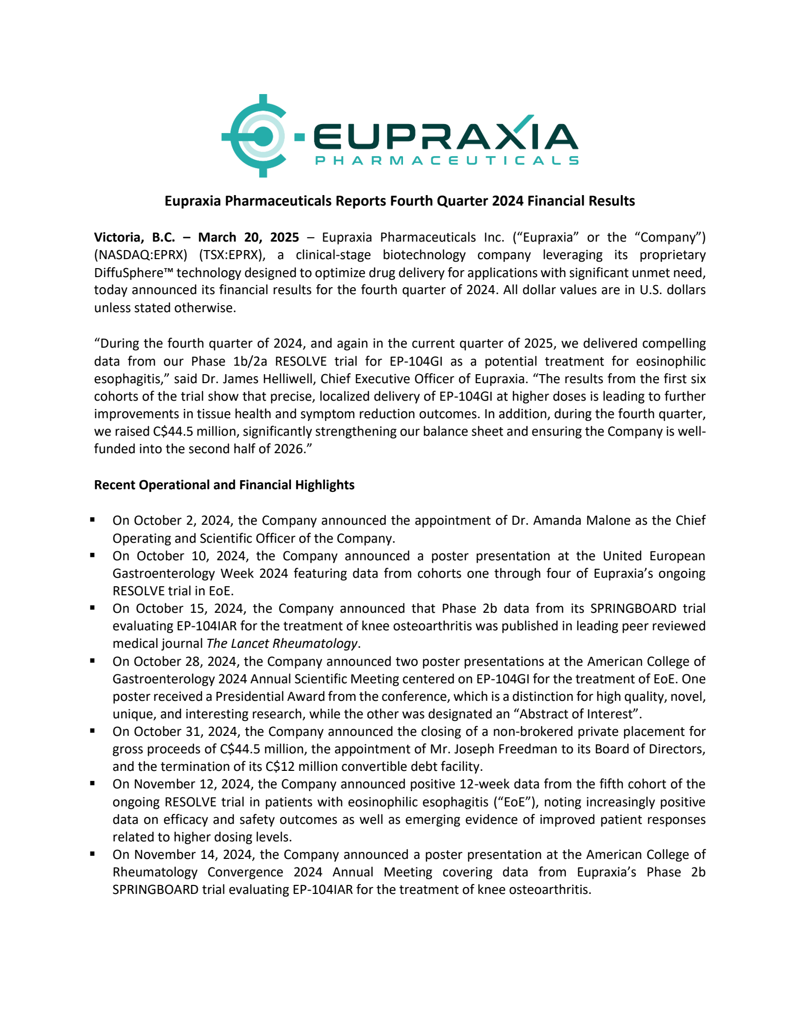 Eupraxia Pharmaceuticals' Q4 2024 Press Release
