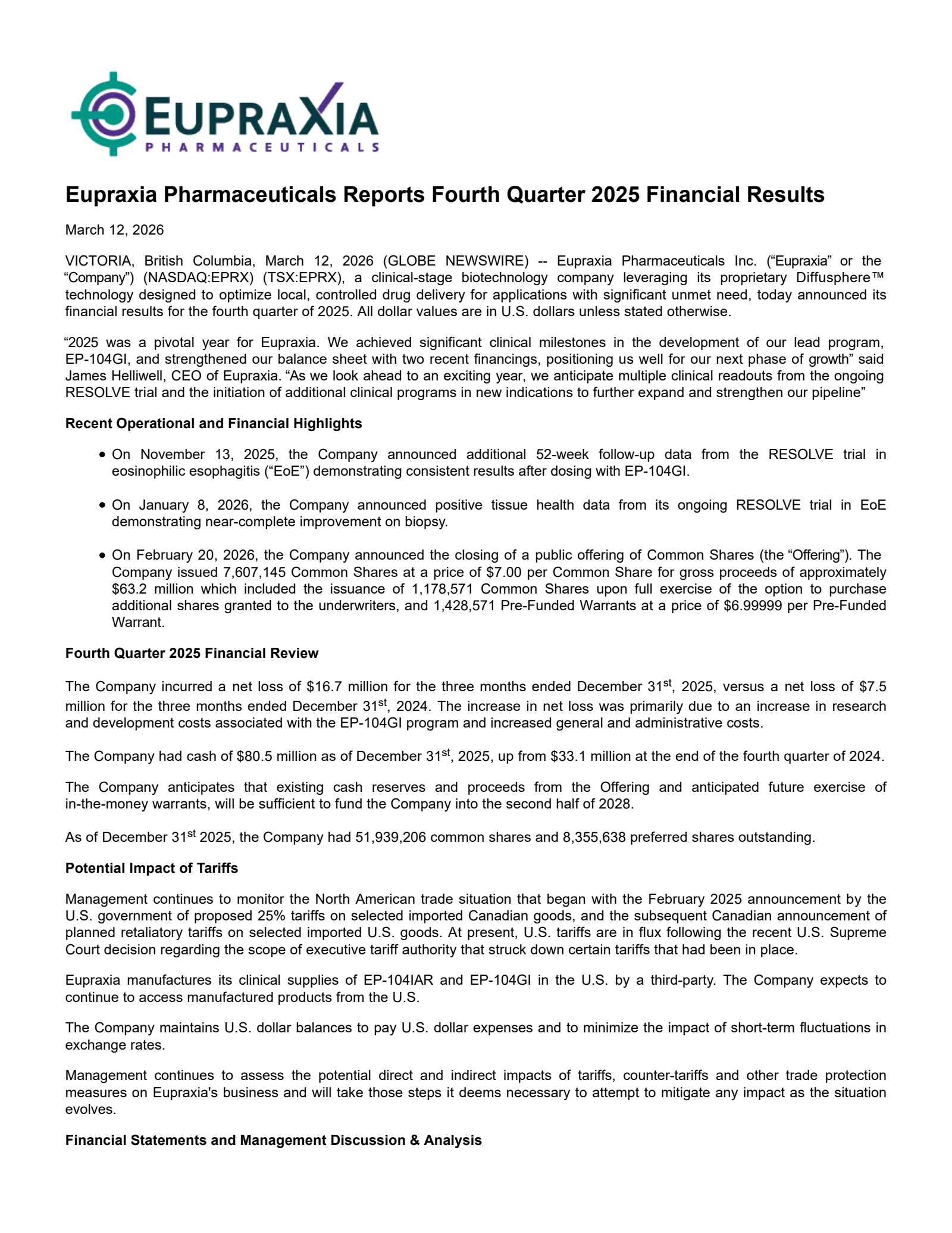 Eupraxia Pharmaceuticals' Q4 2025 Press Release