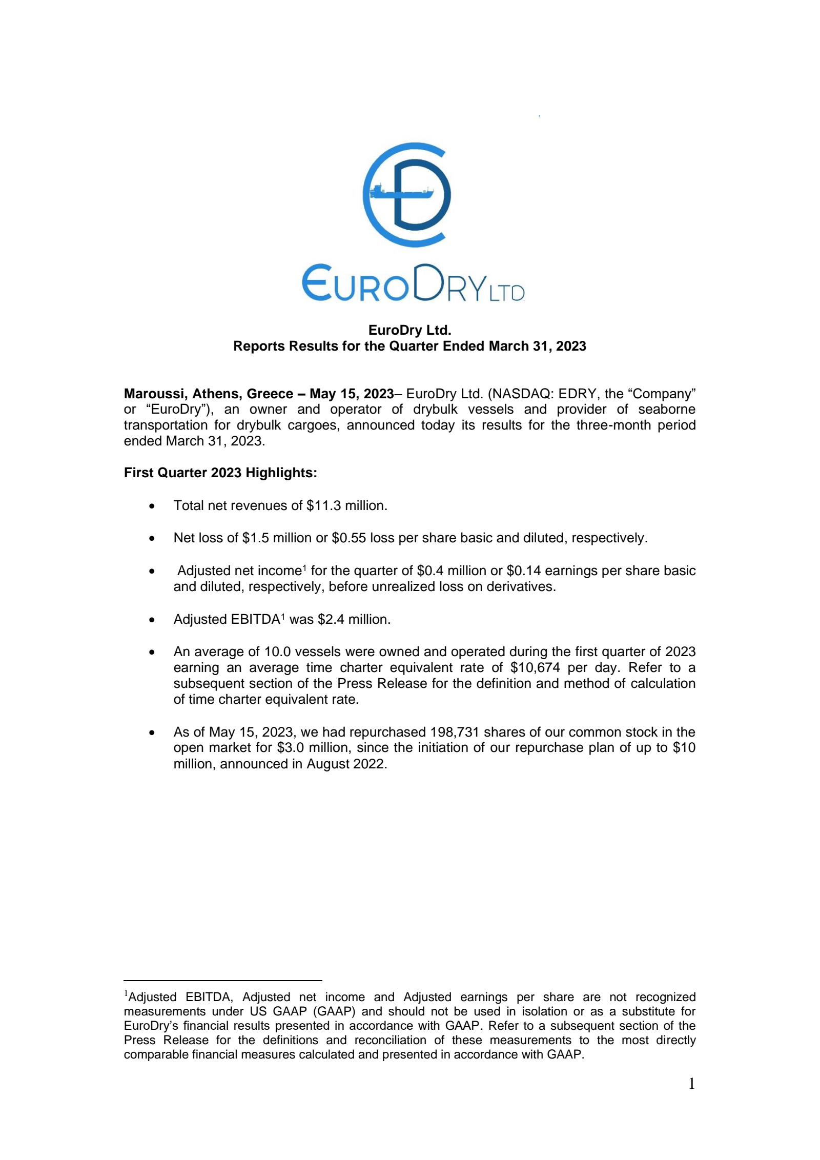 EuroDry's Q1 2023 Press Release