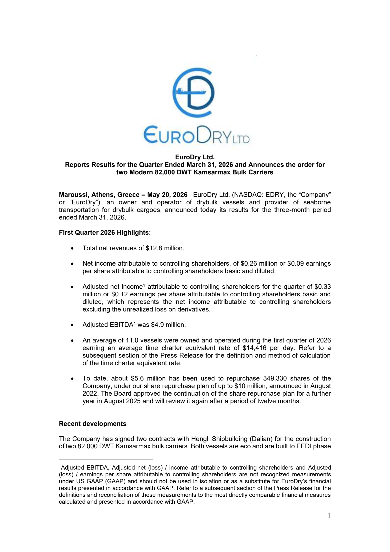 EuroDry's Q1 2026 Press Release