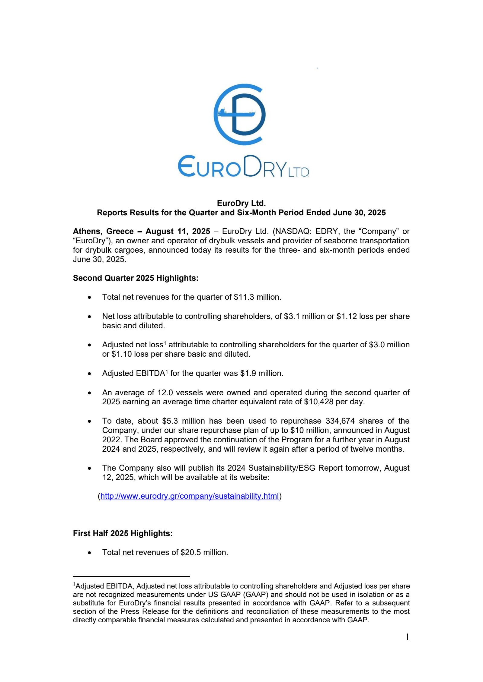 EuroDry's Q2 2025 Press Release