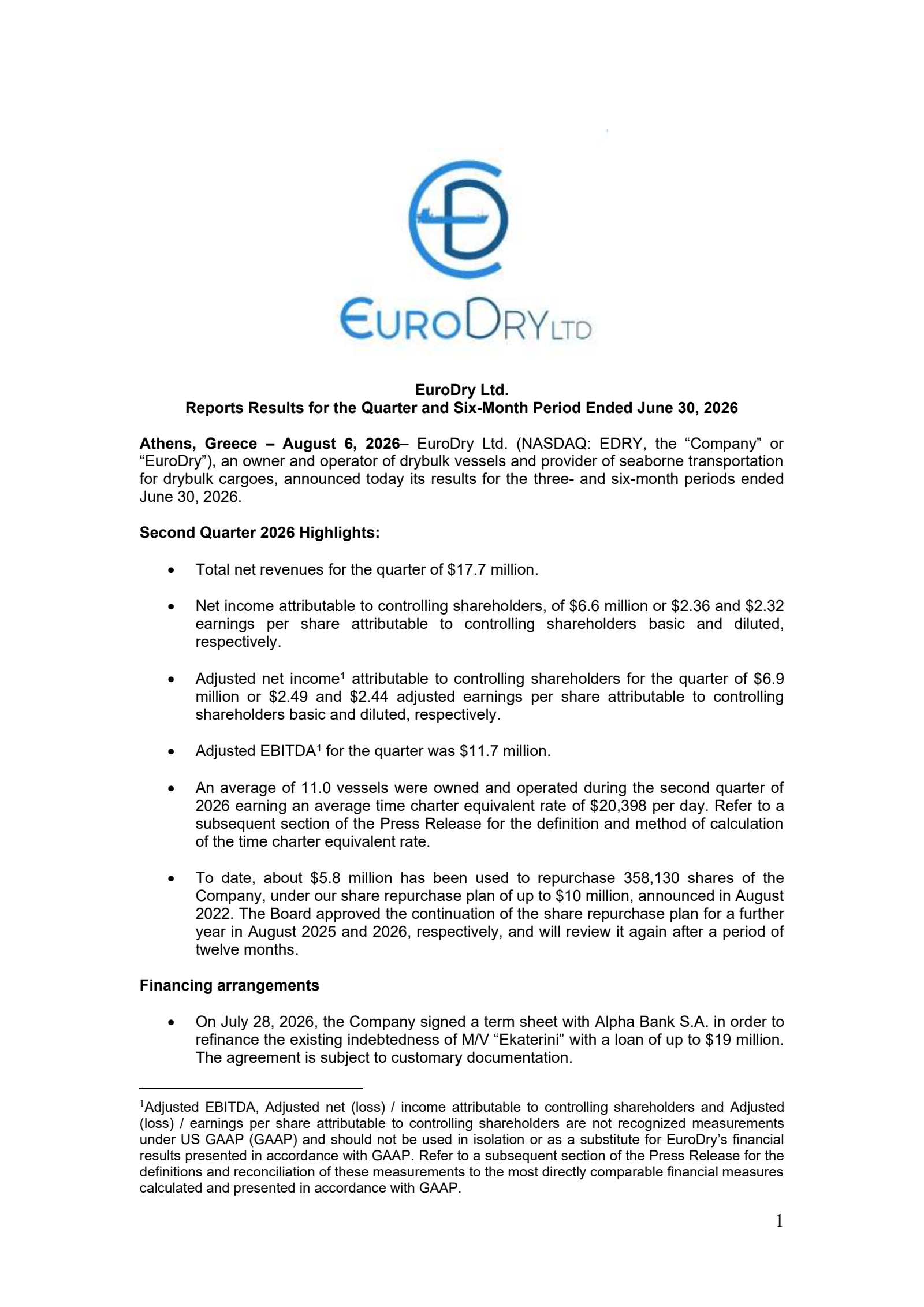 EuroDry's Q2 2026 Press Release