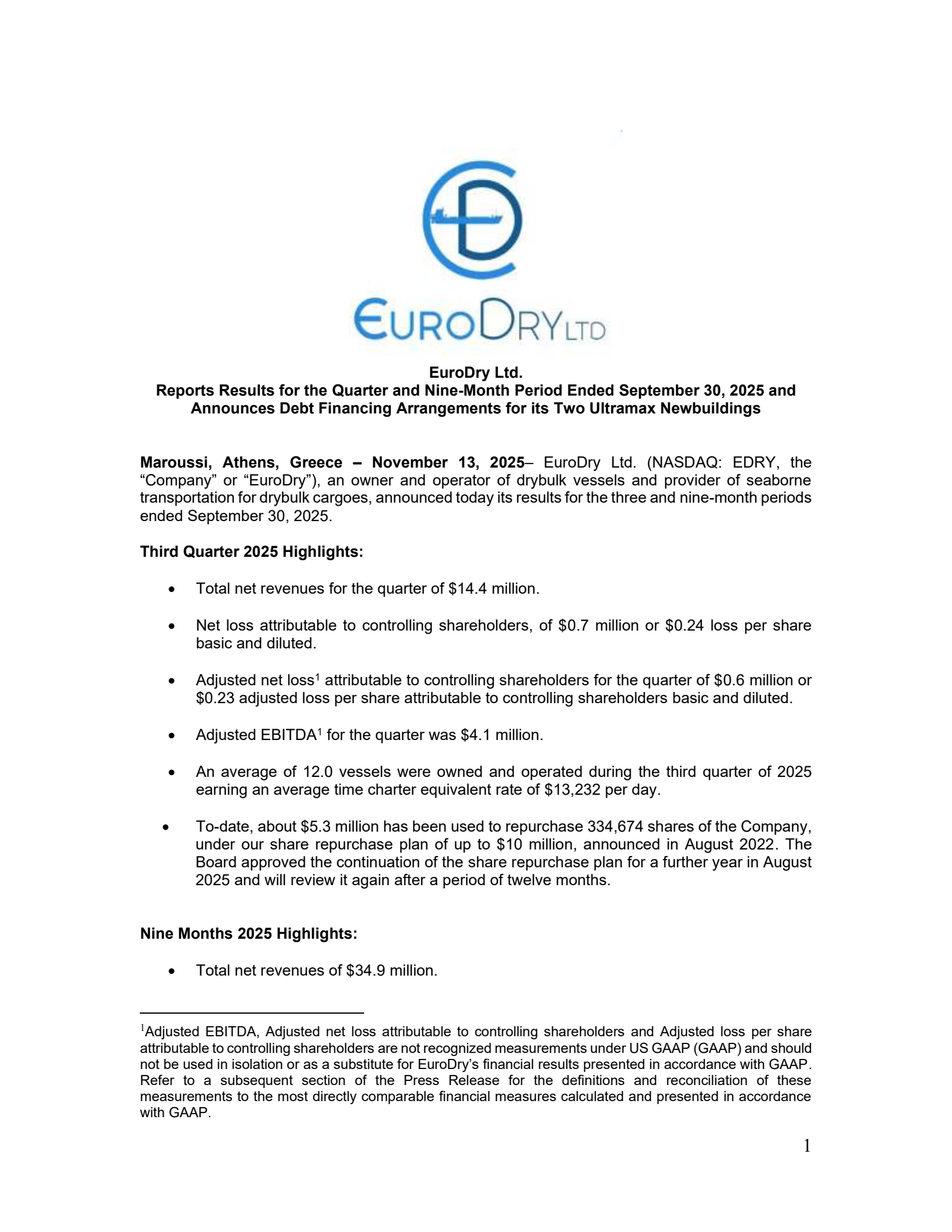 EuroDry's Q3 2025 Earnings Release