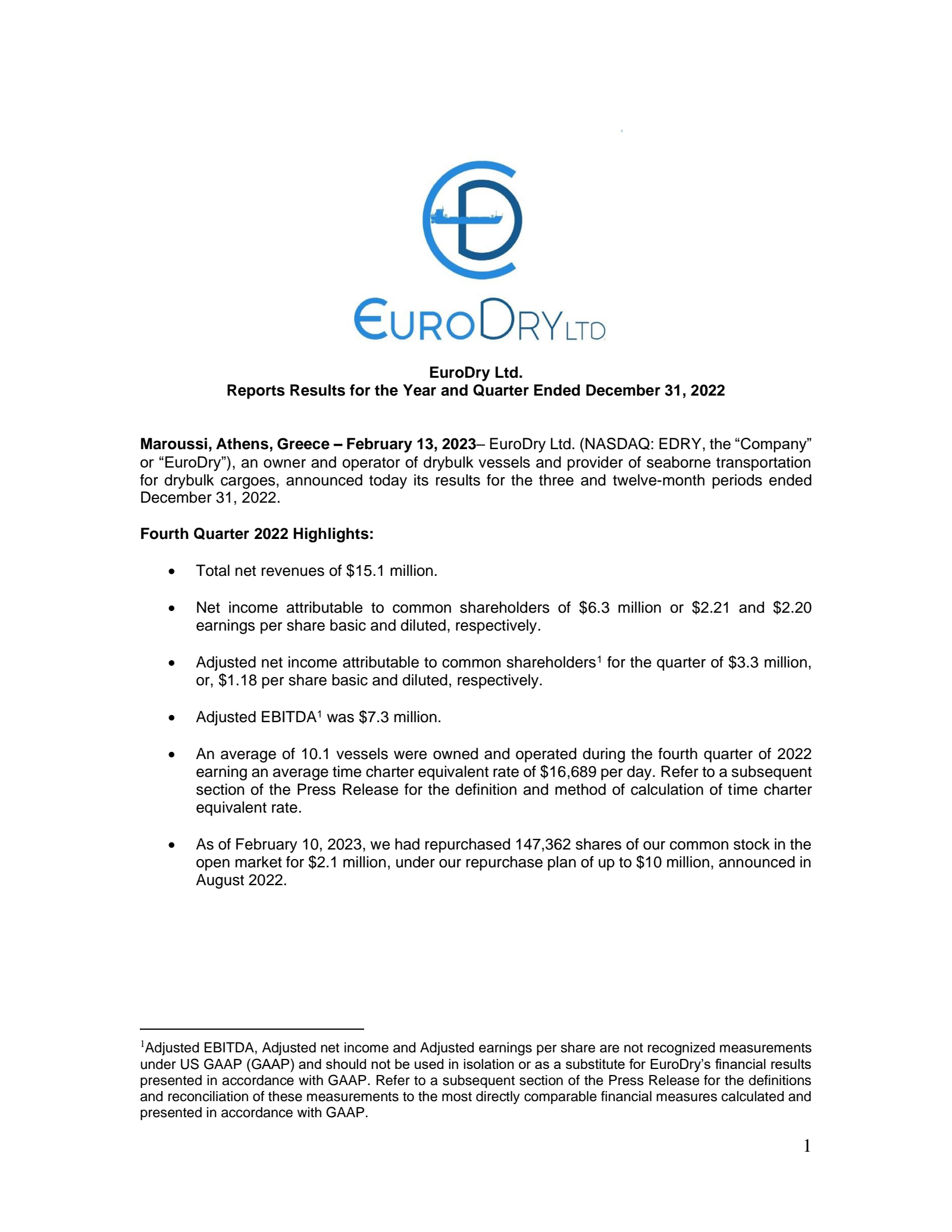 EuroDry's Q4 2022 Press Release