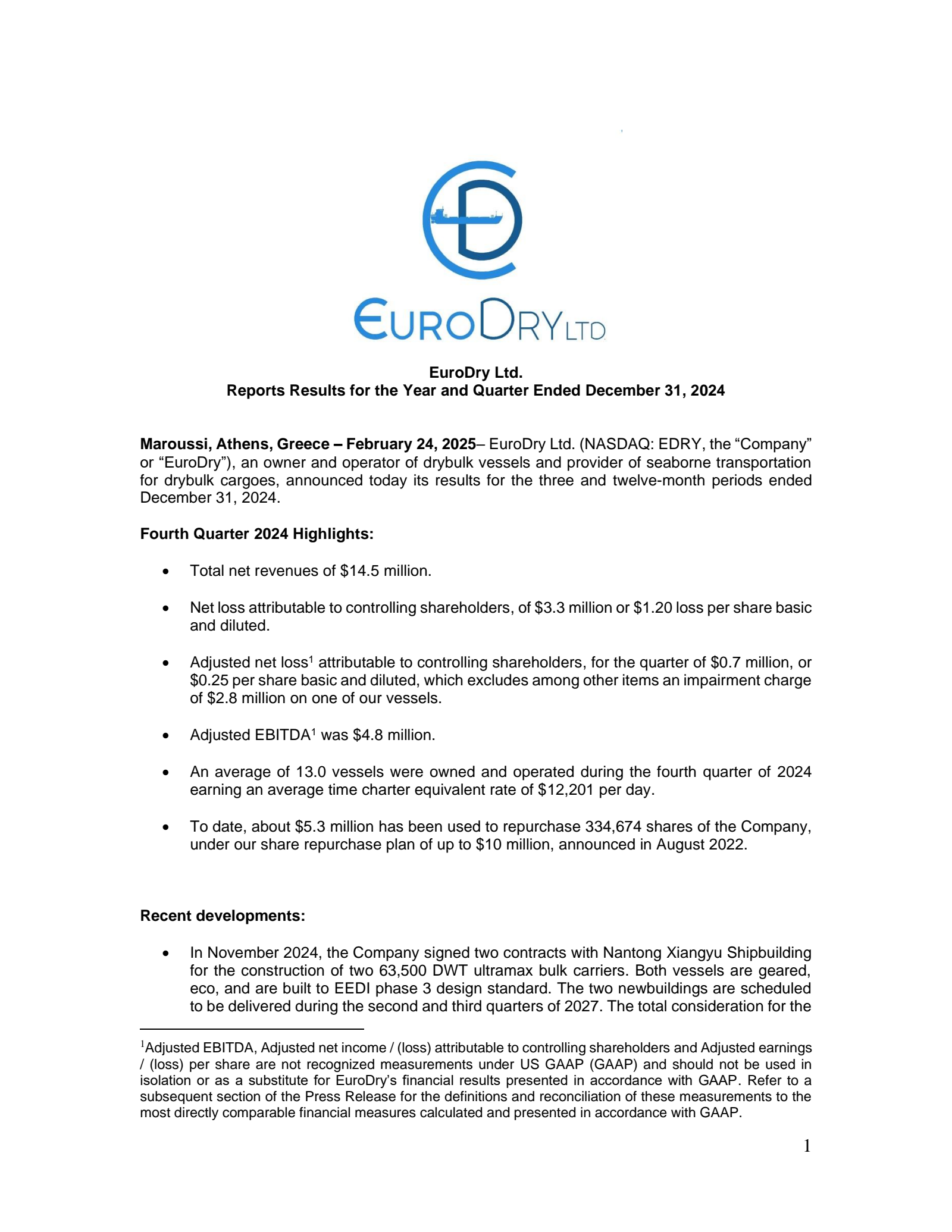 EuroDry's Q4 2024 Press Release