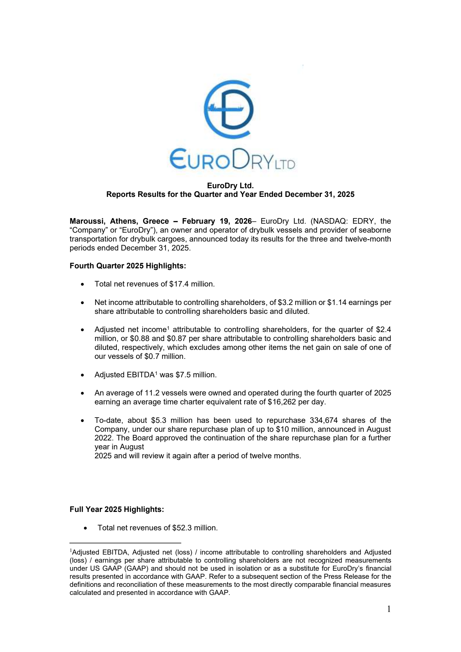 EuroDry's Q4 2025 Press Release
