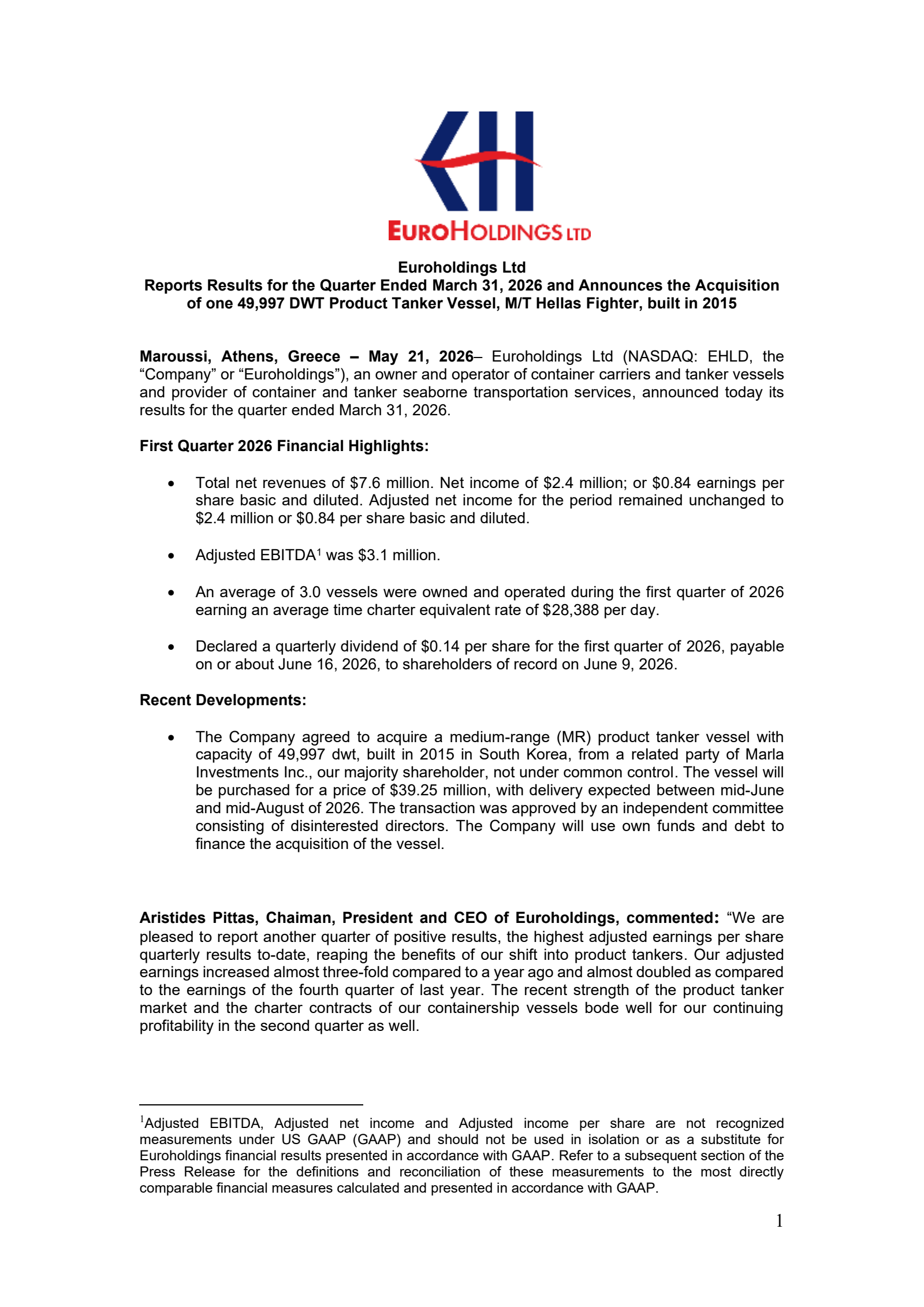 Euroholdings' Q1 2026 Press Release