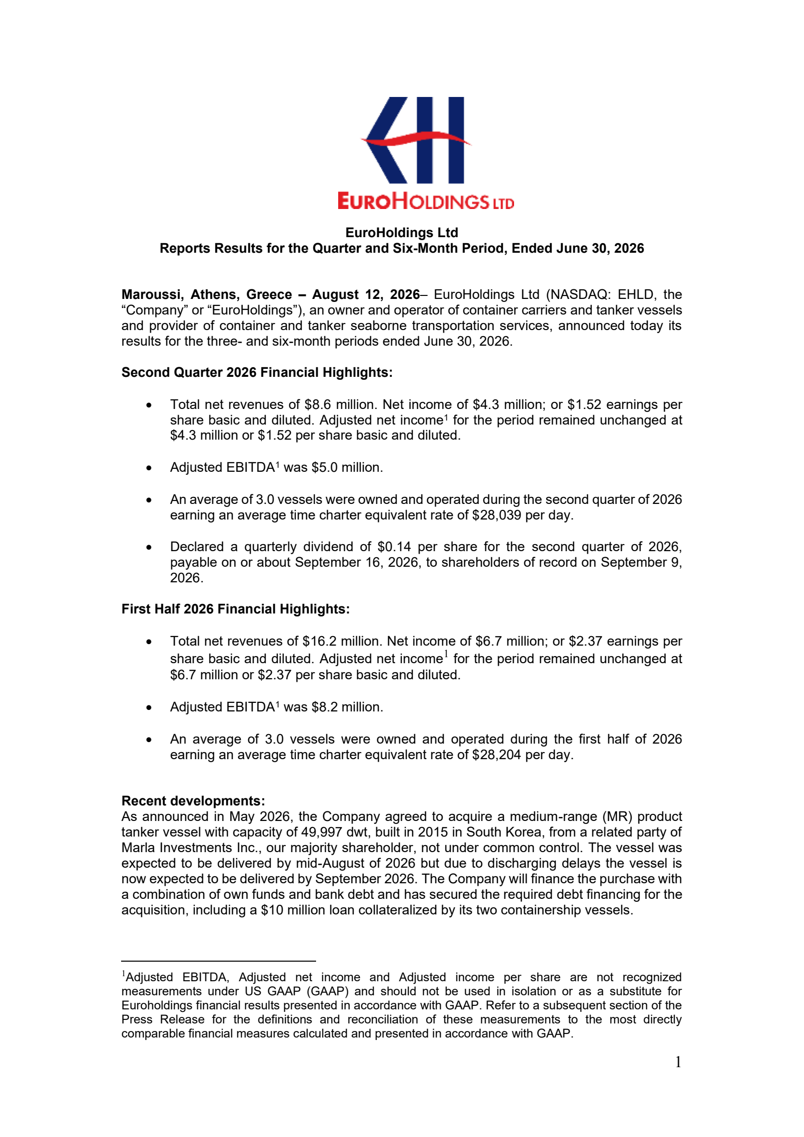 Euroholdings' Q2 2026 Press Release
