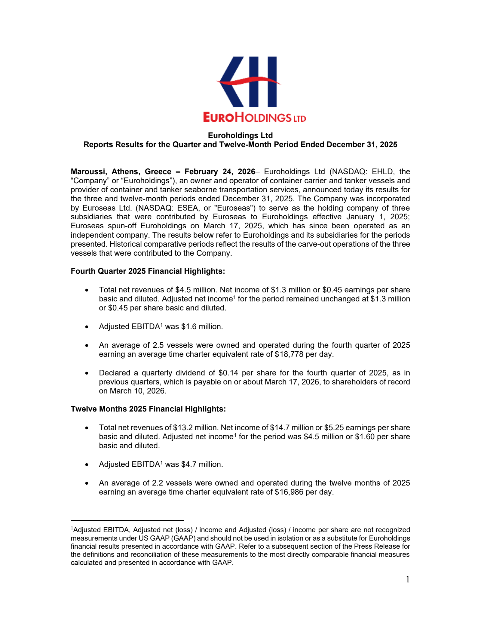Euroholdings' Q4 2025 Press Release