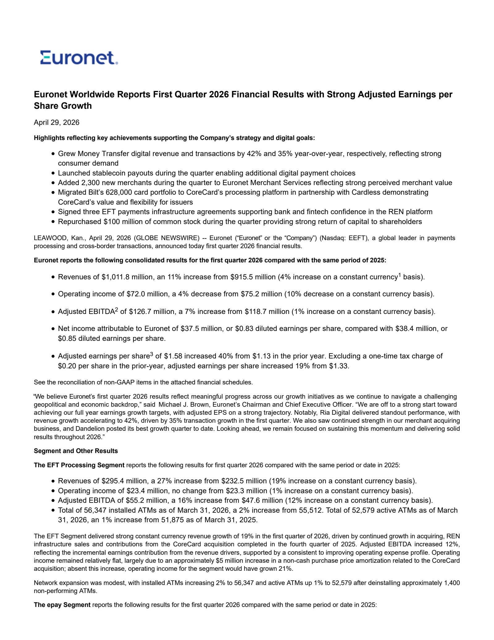Euronet Worldwide's Q1 2026 Press Release
