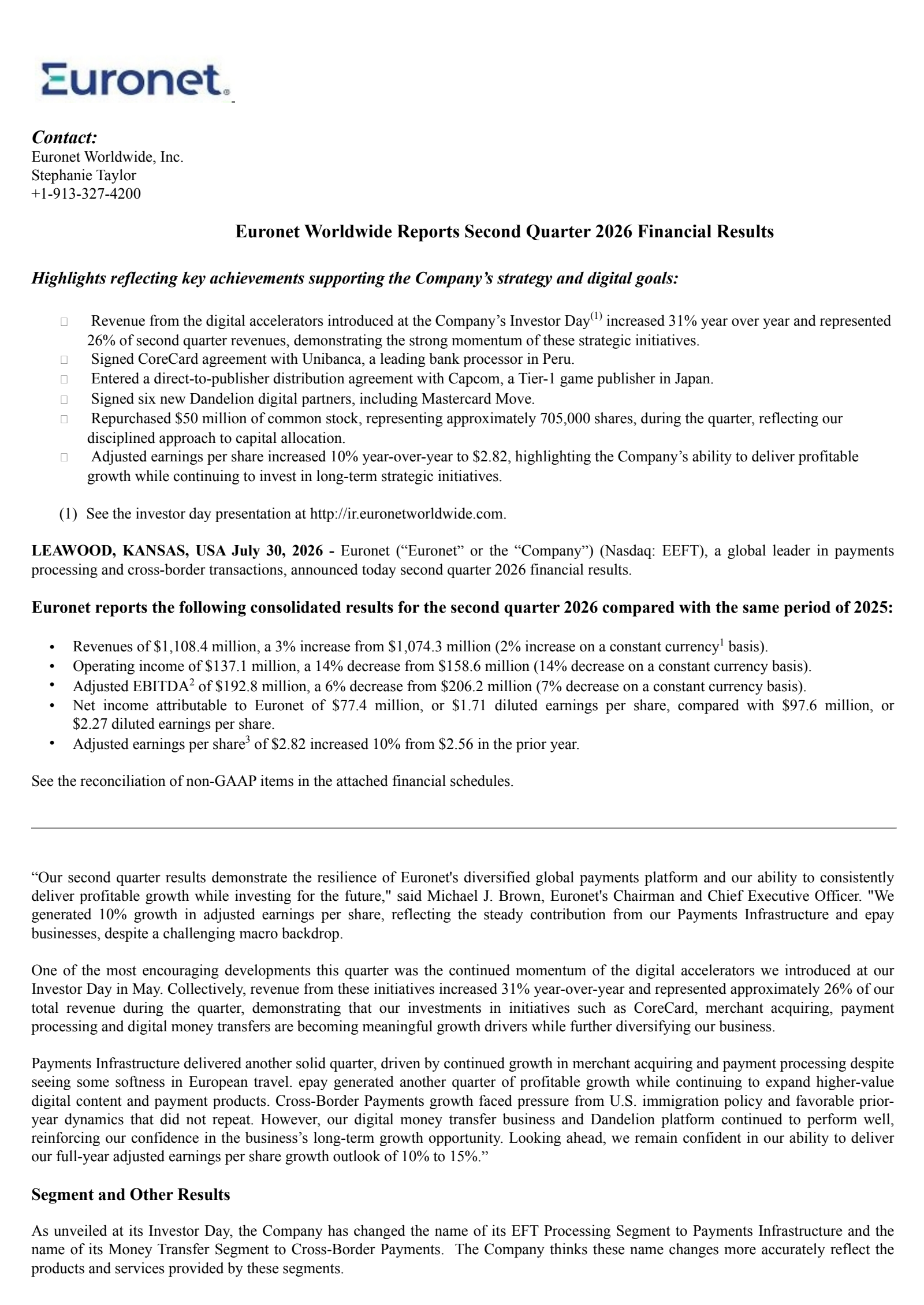 Euronet Worldwide's Q2 2026 Press Release