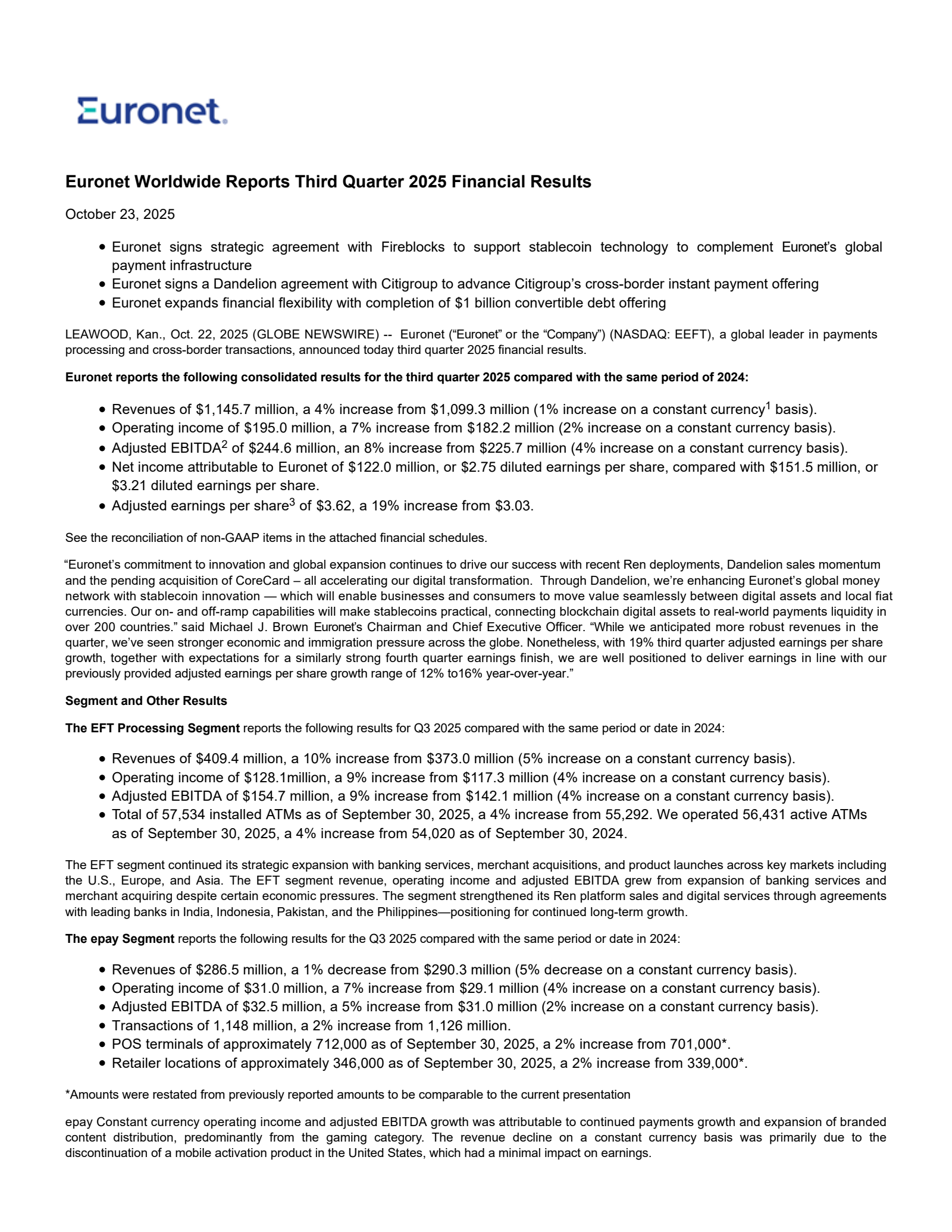 Euronet Worldwide's Q3 2025 Earnings Release