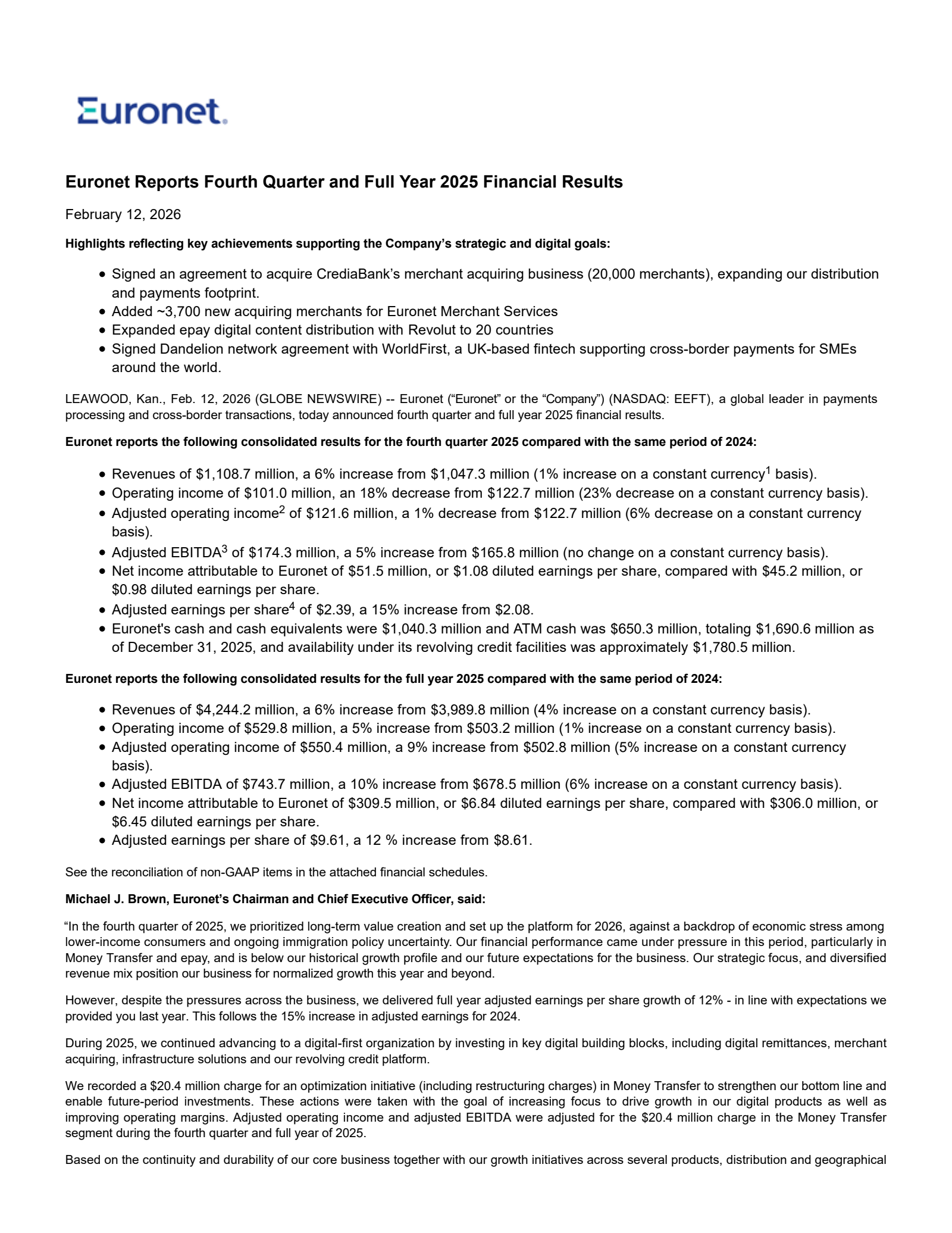 Euronet Worldwide's Q4 2025 Press Release