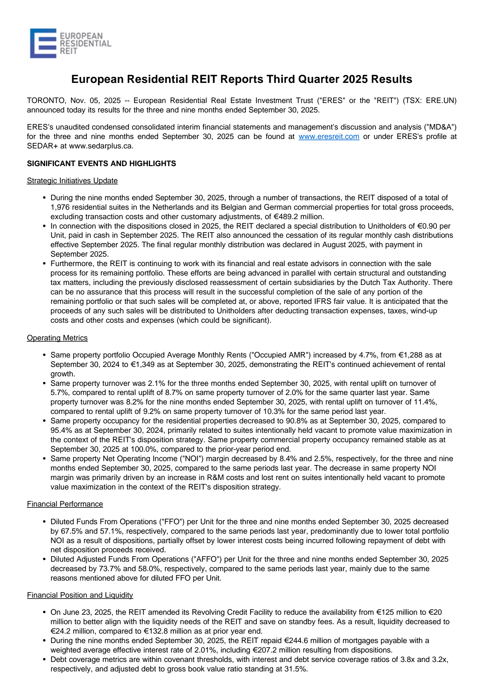 European Residential Real Estate Investment Trust's Q3 2025 Press Release
