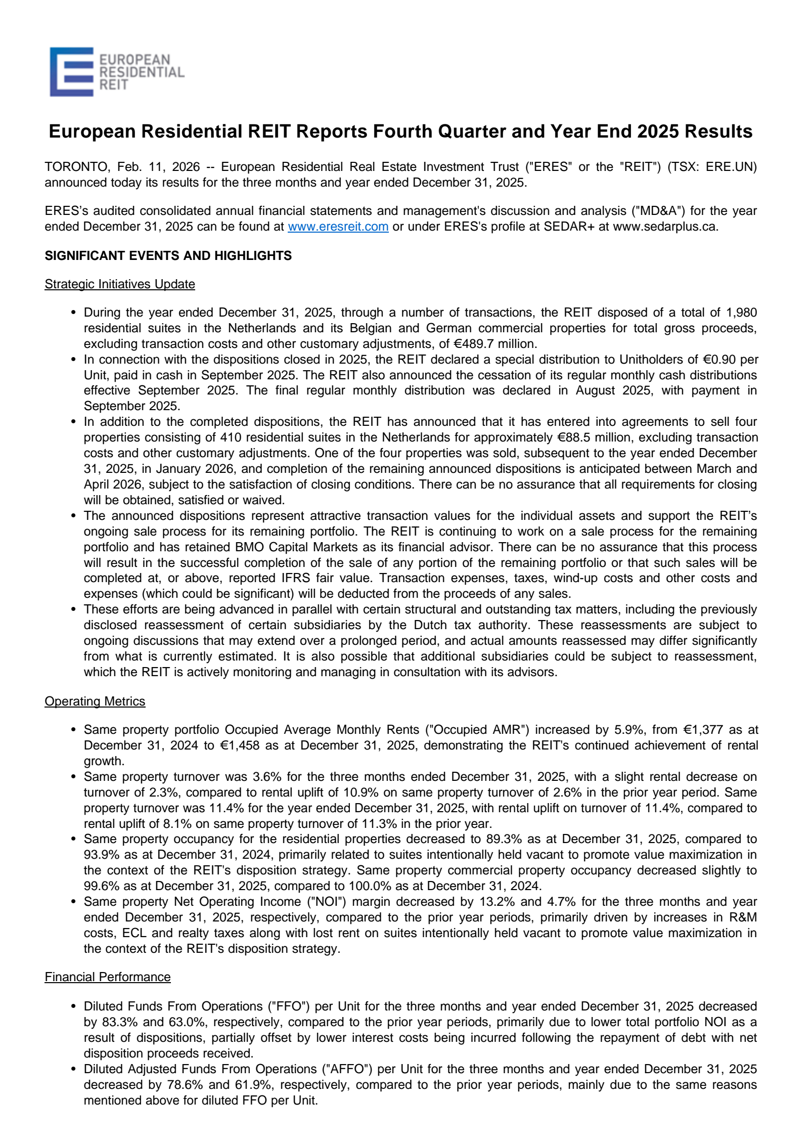 European Residential Real Estate Investment Trust's Q4 2025 Press Release