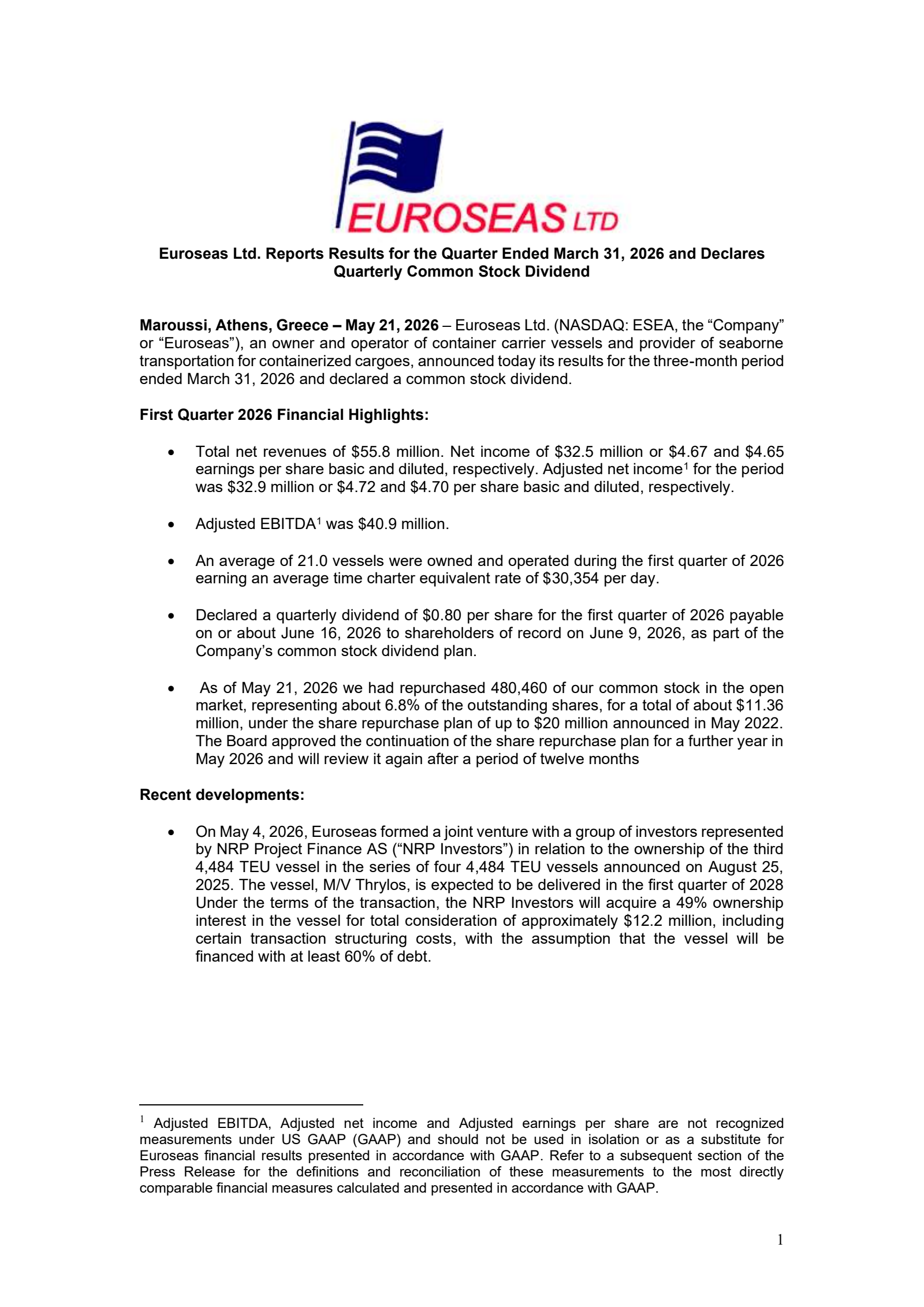 Euroseas' Q1 2026 Press Release
