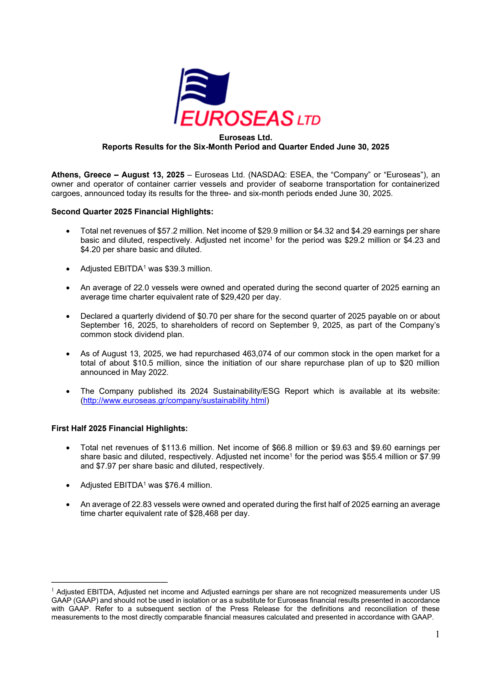 Euroseas' Q2 2025 Press Release