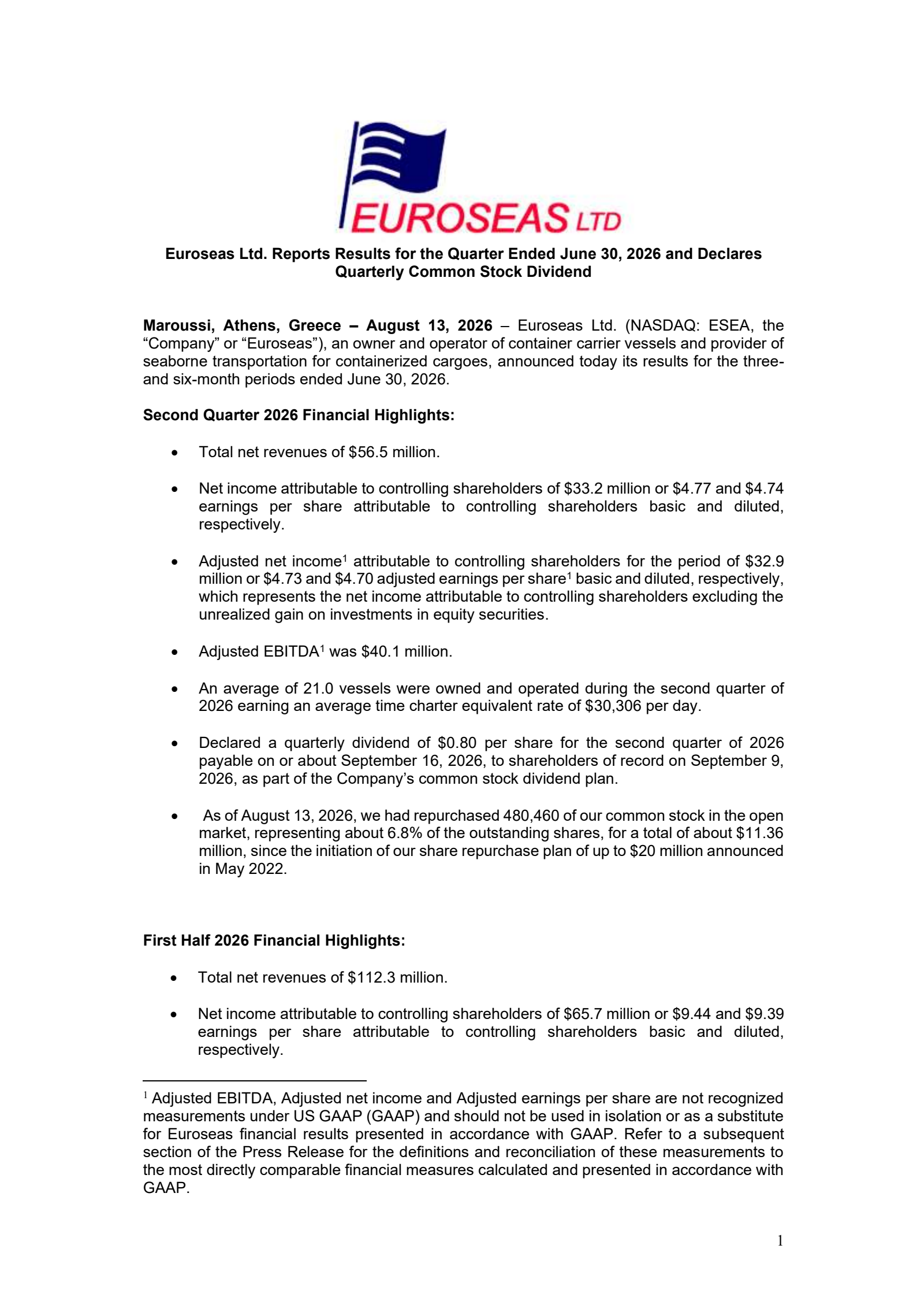 Euroseas' Q2 2026 Press Release