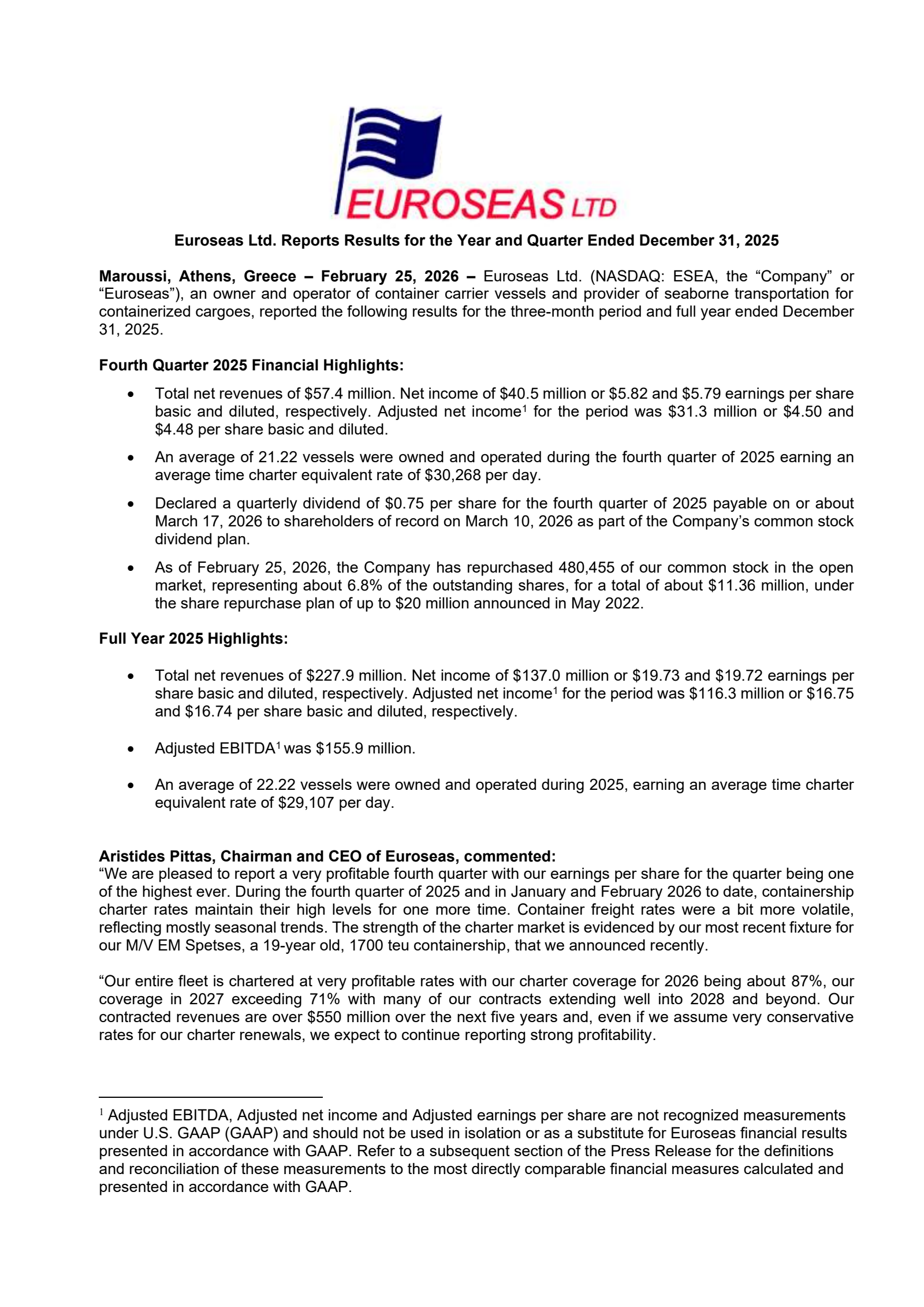 Euroseas' Q4 2025 Press Release