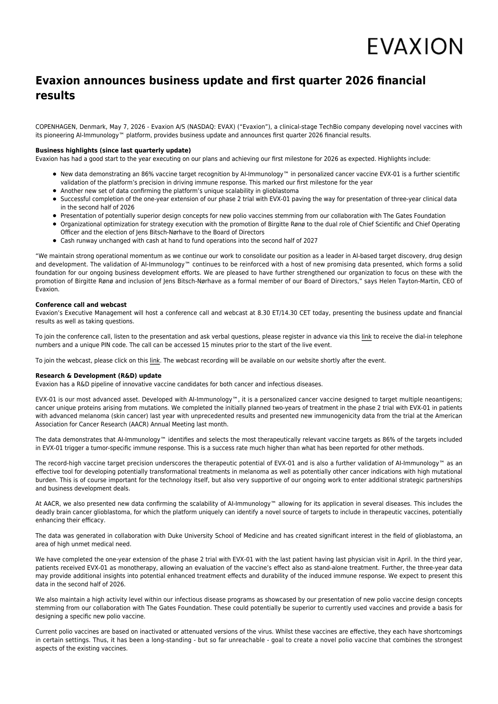 Evaxion A/S's Q1 2026 Press Release