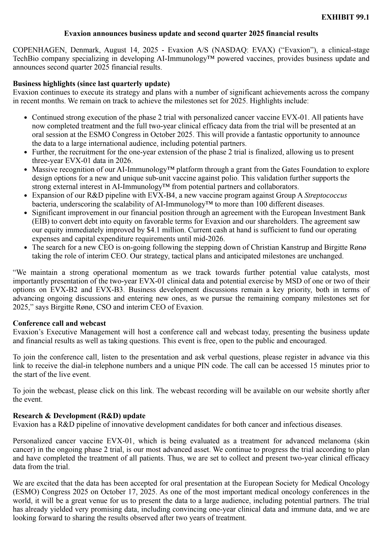 Evaxion A/S's Q2 2025 Press Release