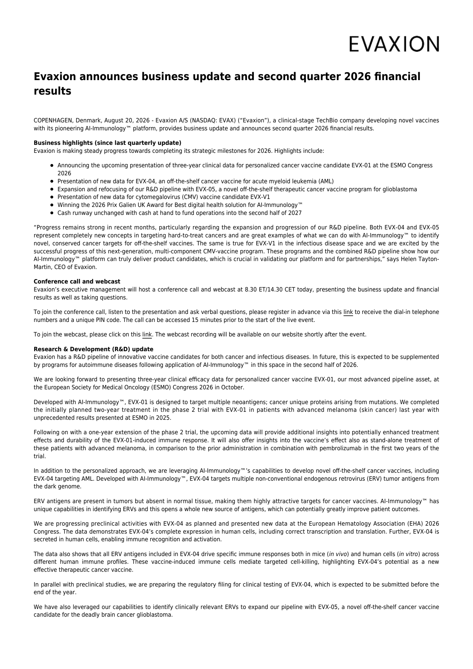 Evaxion A/S's Q2 2026 Press Release