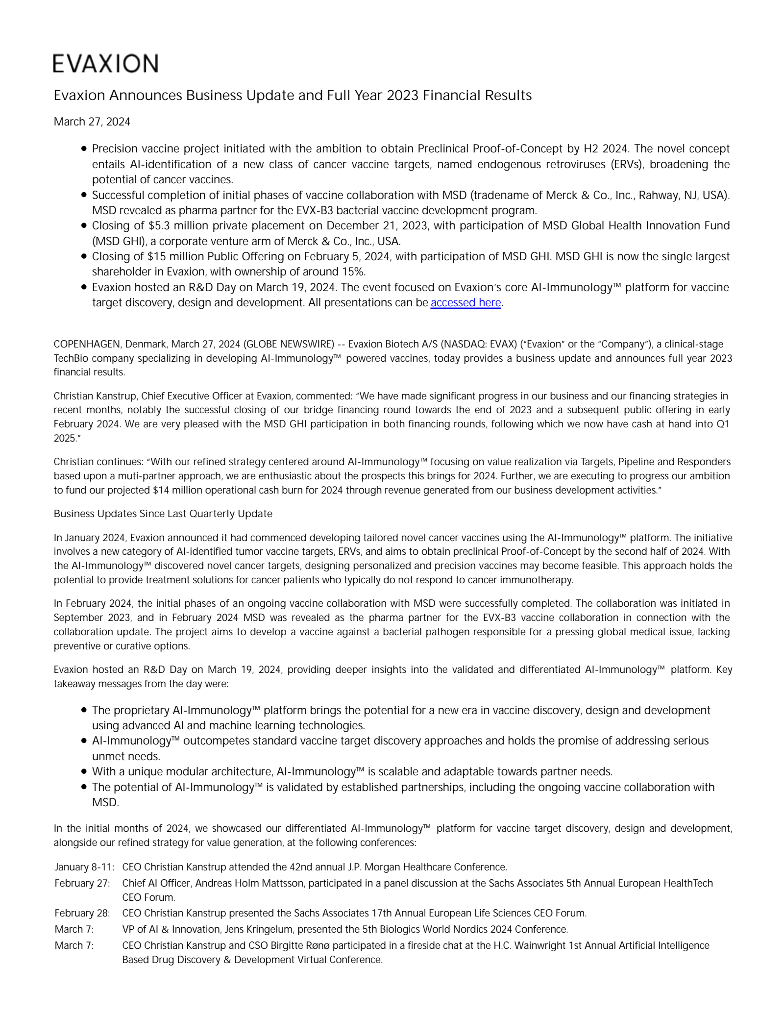 Evaxion Biotech A/S's Q4 2023 Press Release