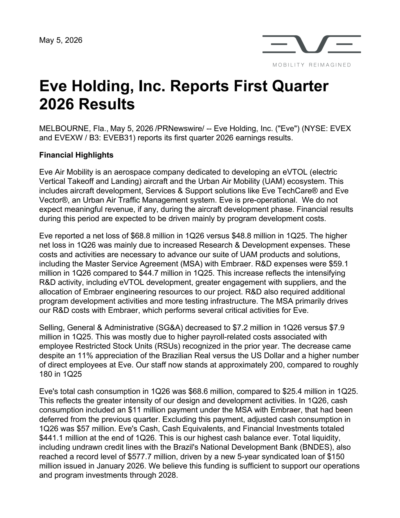 EVE's Q1 2026 Press Release