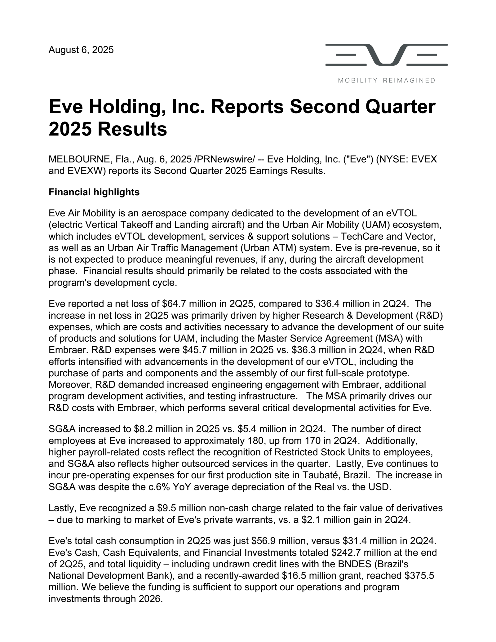 EVE's Q2 2025 Press Release