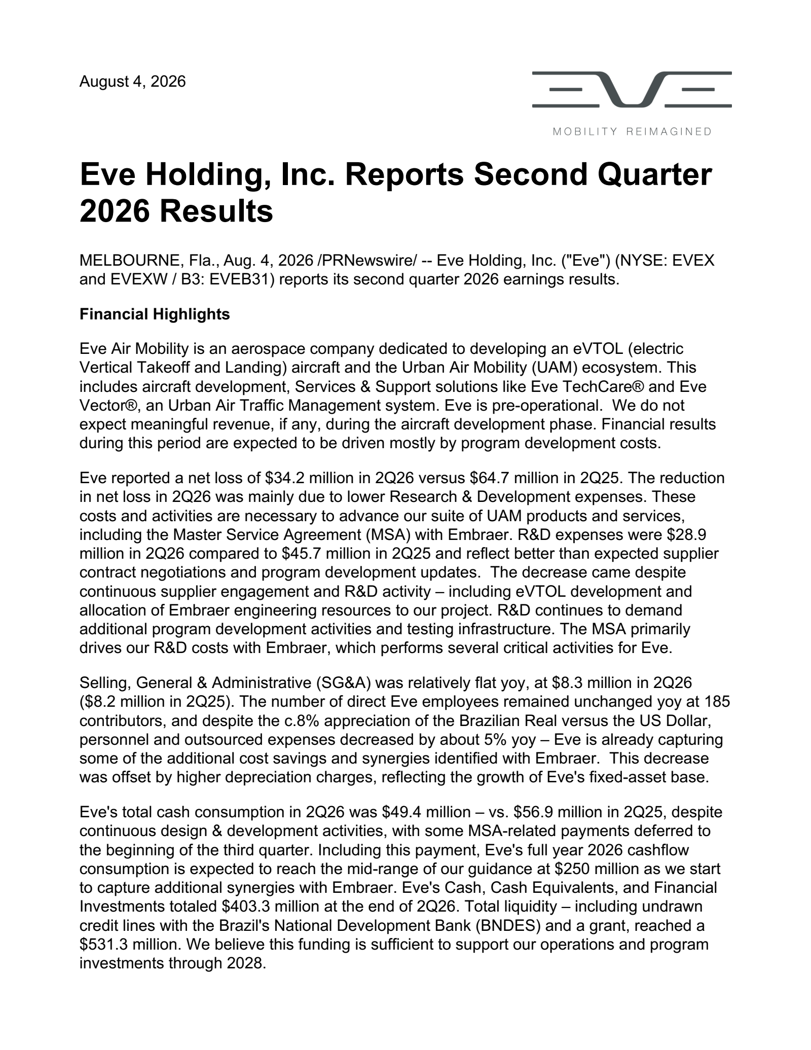 EVE's Q2 2026 Press Release