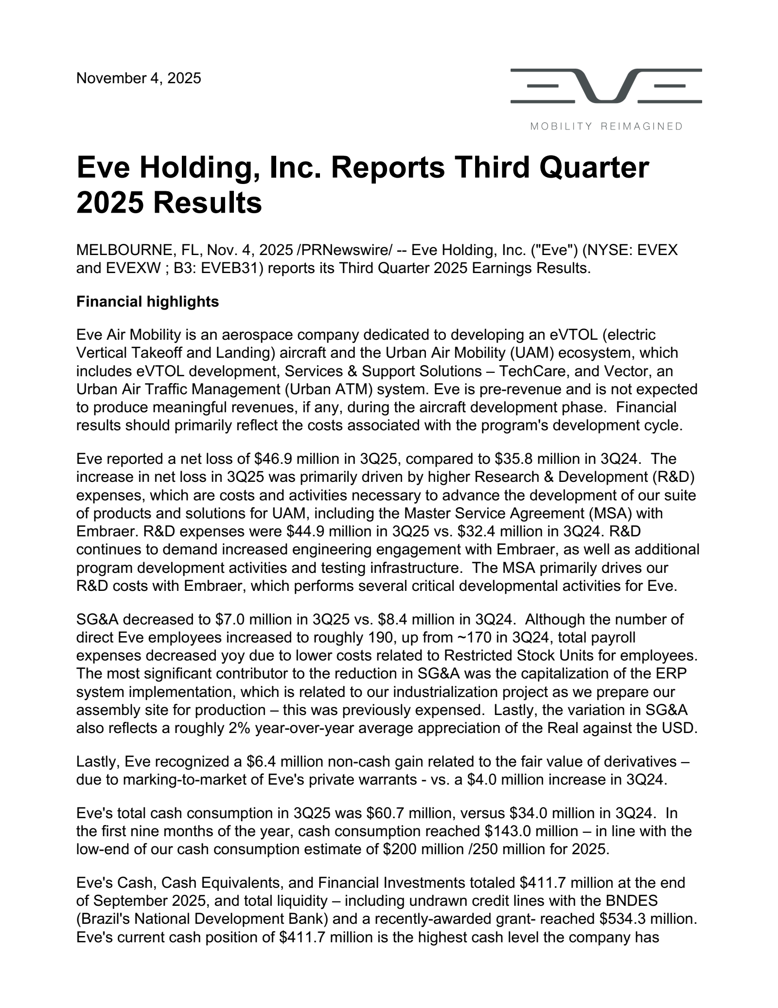 EVE's Q3 2025 Earnings Release