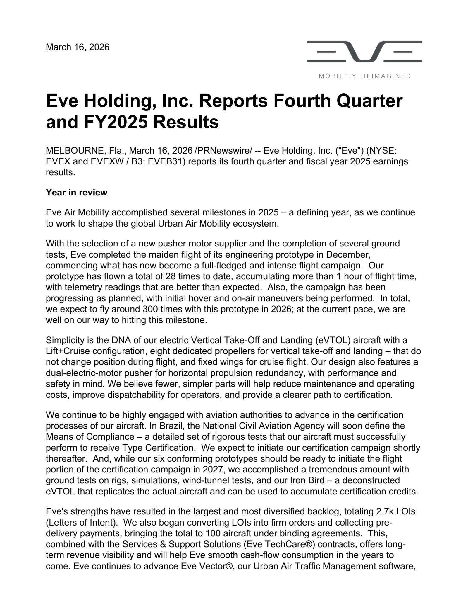 EVE's Q4 2025 Press Release