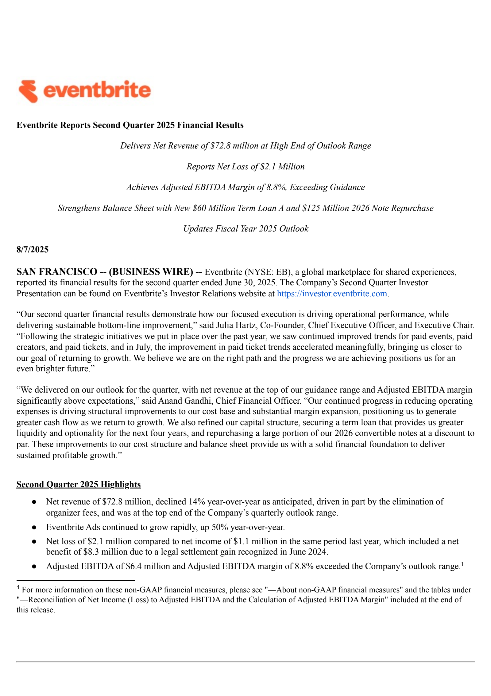 Eventbrite's Q2 2025 Press Release