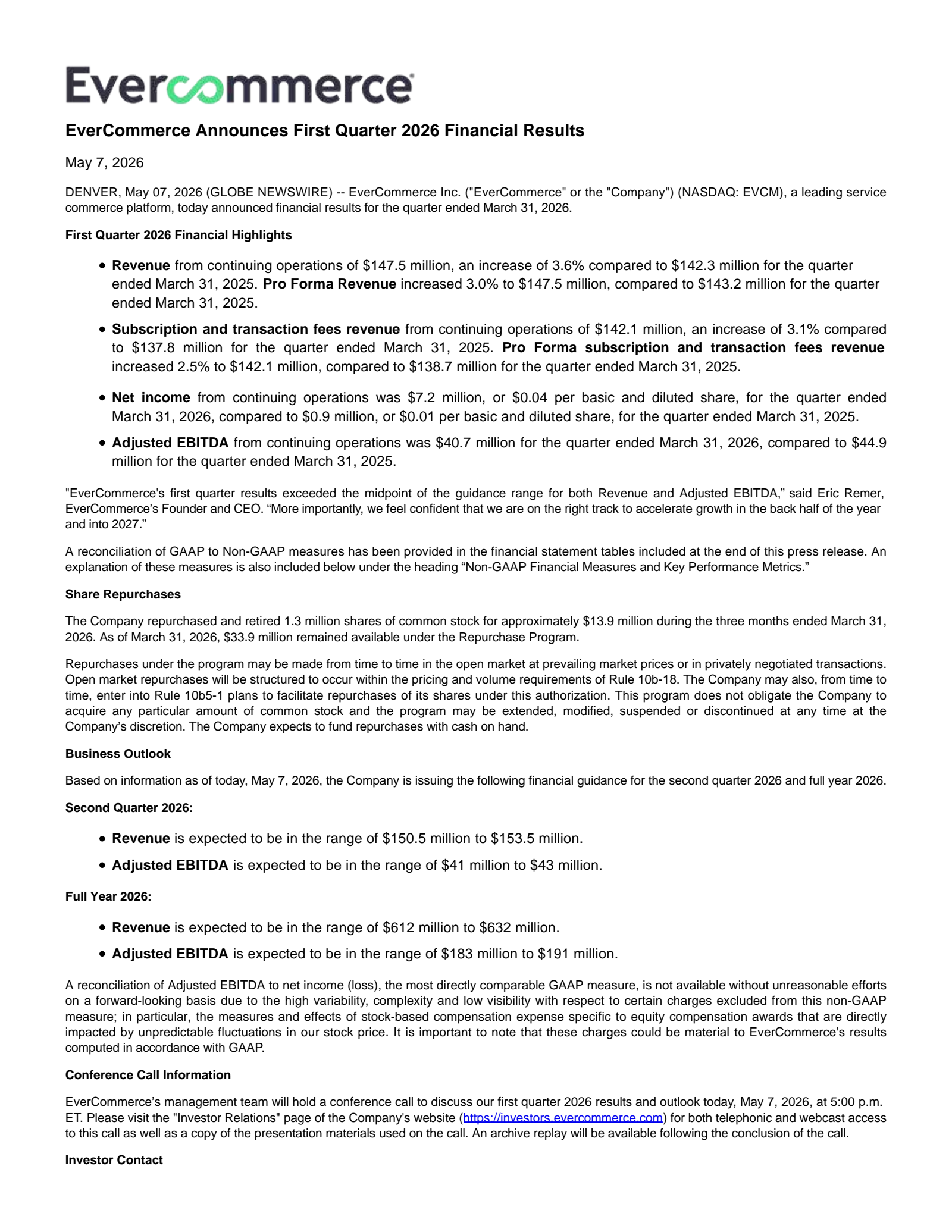 EverCommerce's Q1 2026 Press Release