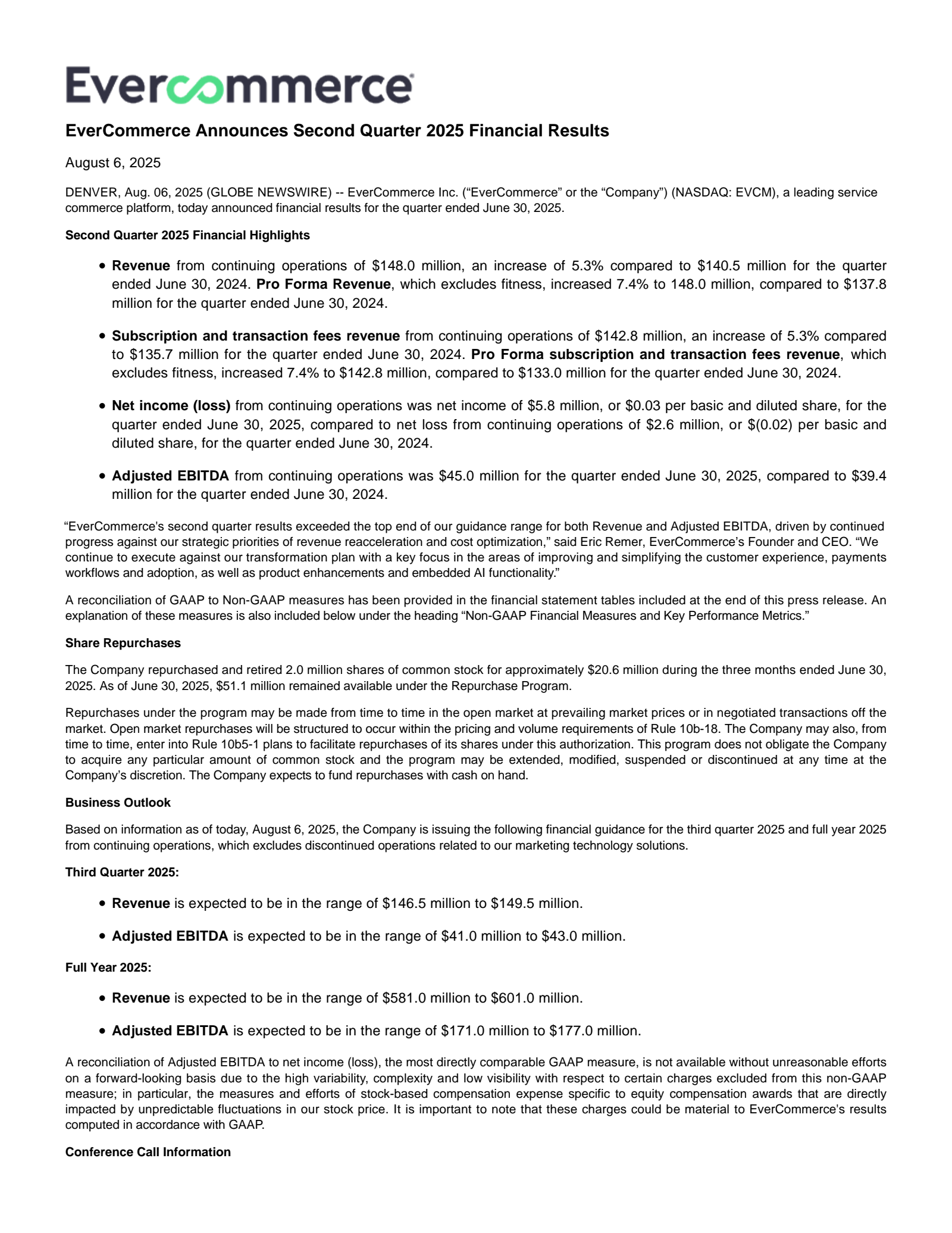 EverCommerce's Q2 2025 Press Release