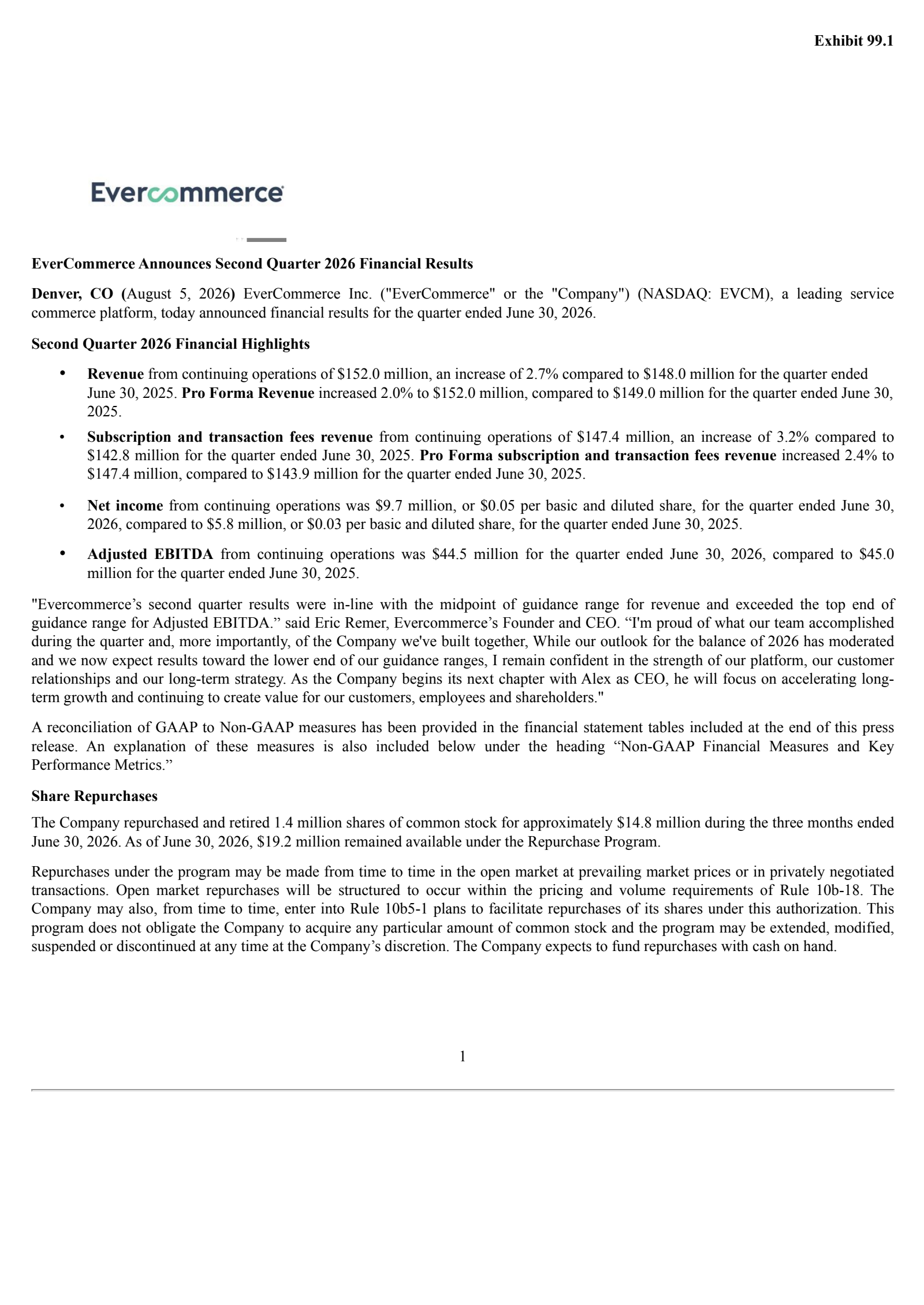 EverCommerce's Q2 2026 Press Release