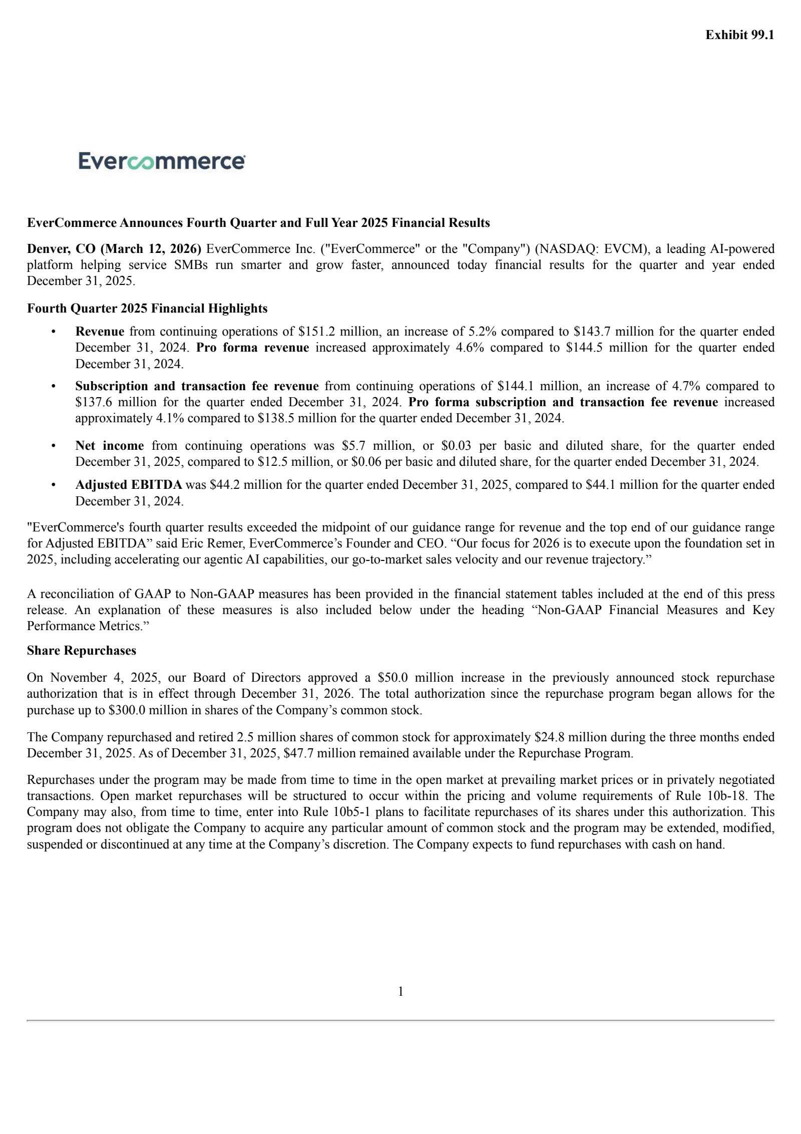 EverCommerce's Q4 2025 Press Release