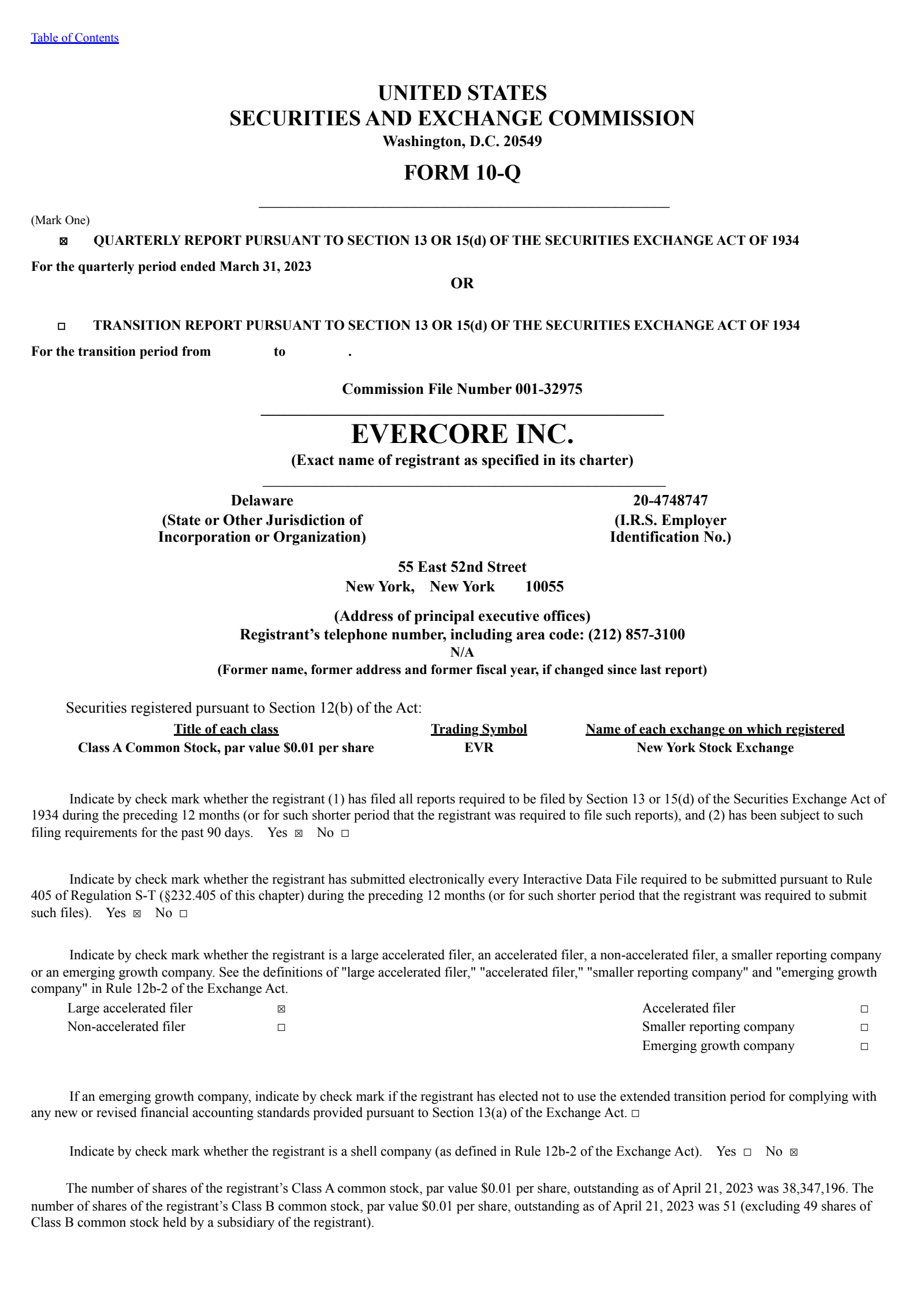 Evercore's Q1 2023 Quarterly report