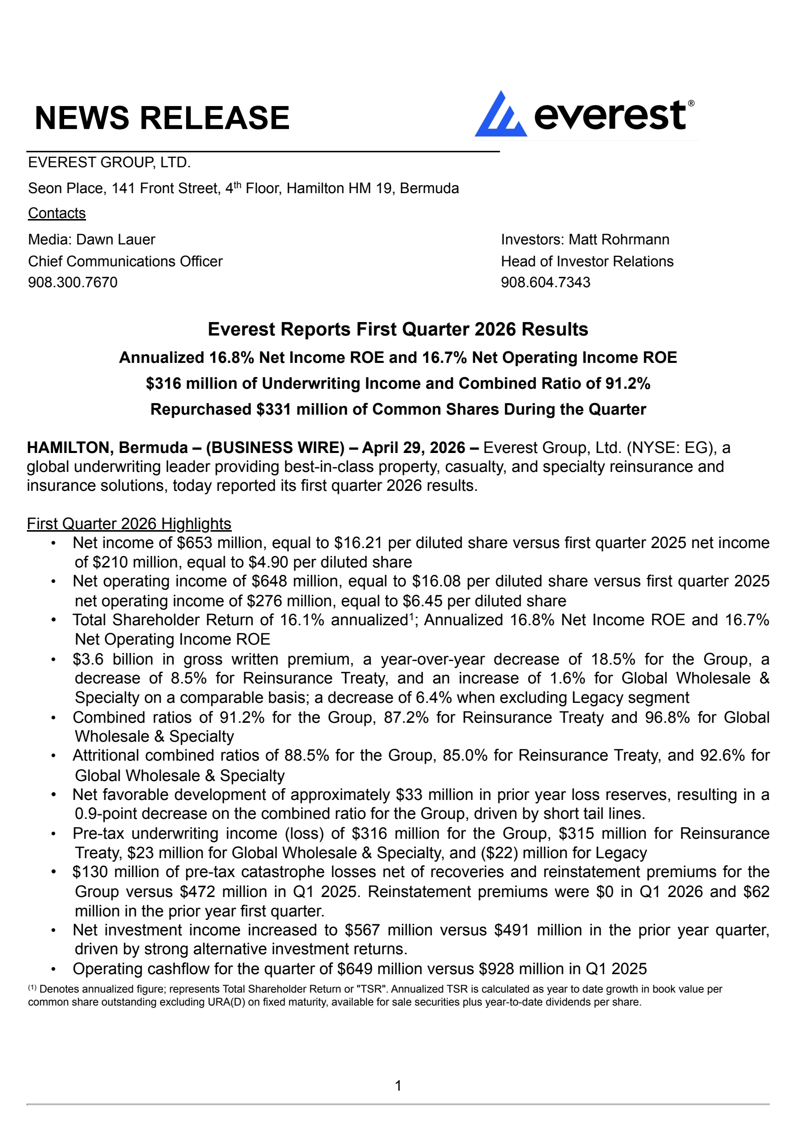 Everest Group's Q1 2026 Press Release